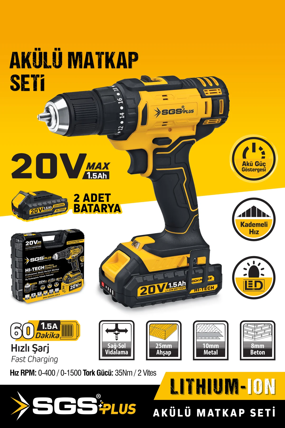 SGS5249 20 Volt 1.5 Amper Akülü Şarjlı Matkap Vidalama Seti Çift 