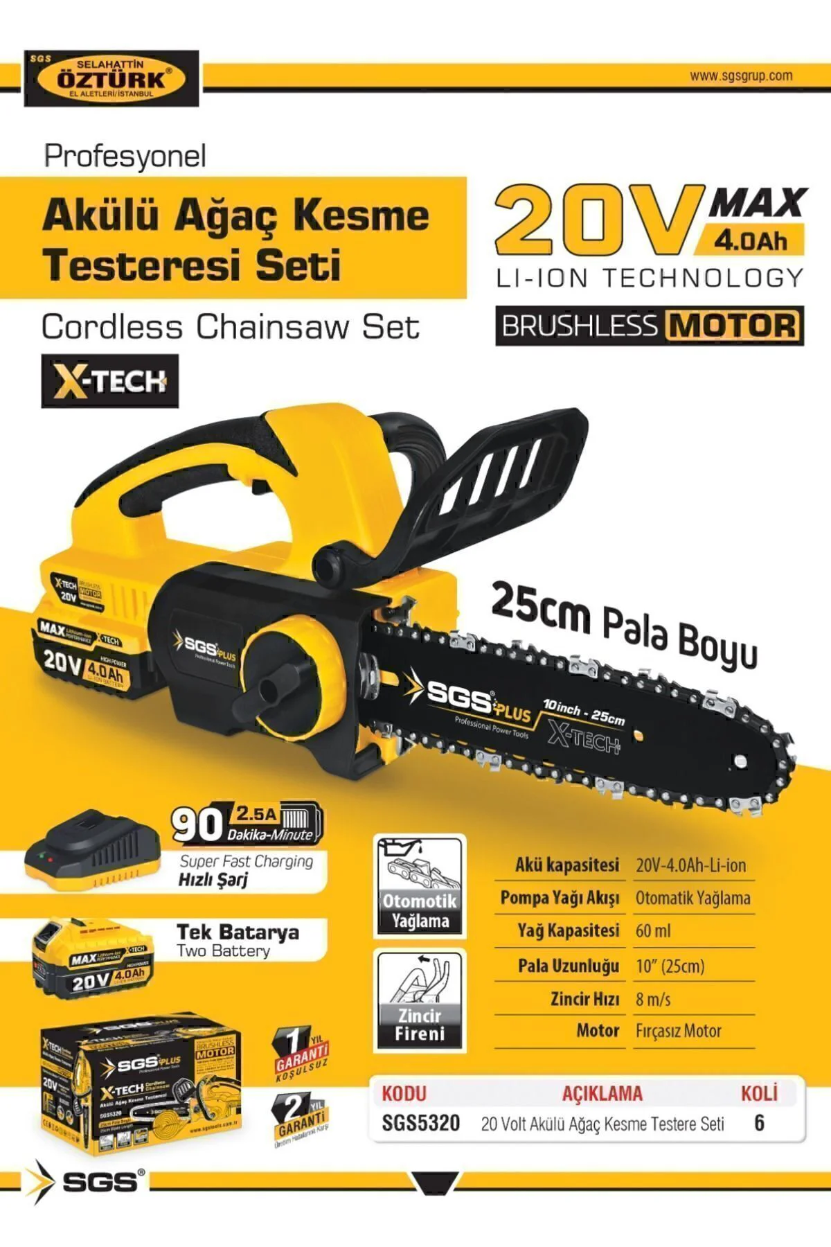 SGS5320 - 20 Volt 4 Amper Profesyonel Akülü Ağaç Kesme Budama Testere Makina Motoru 25 cm Pala