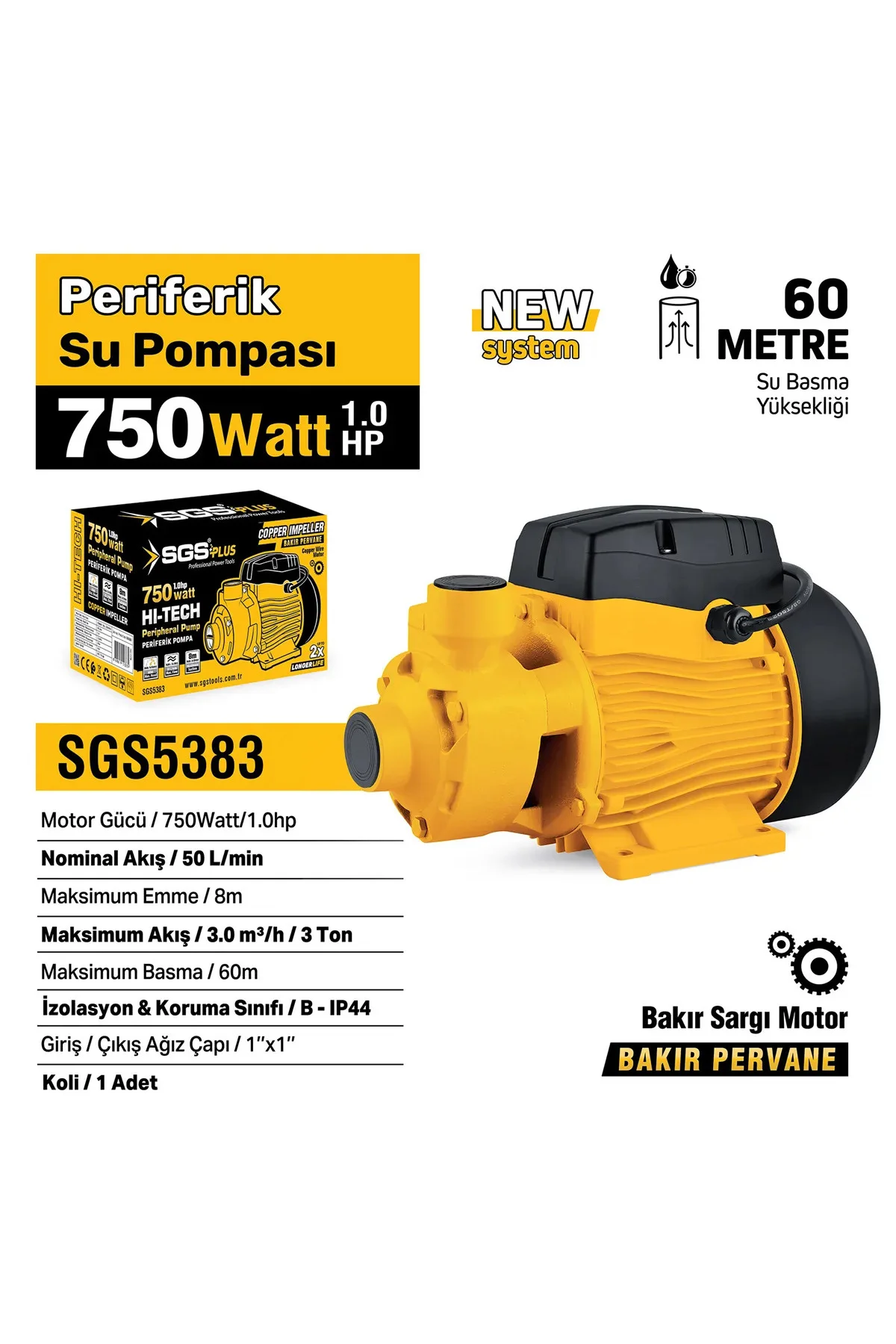 SGS5383 PERİFERİK SU POMPASI 750 WATT 1.0 HP BAKIR SARGI BAKIR PE