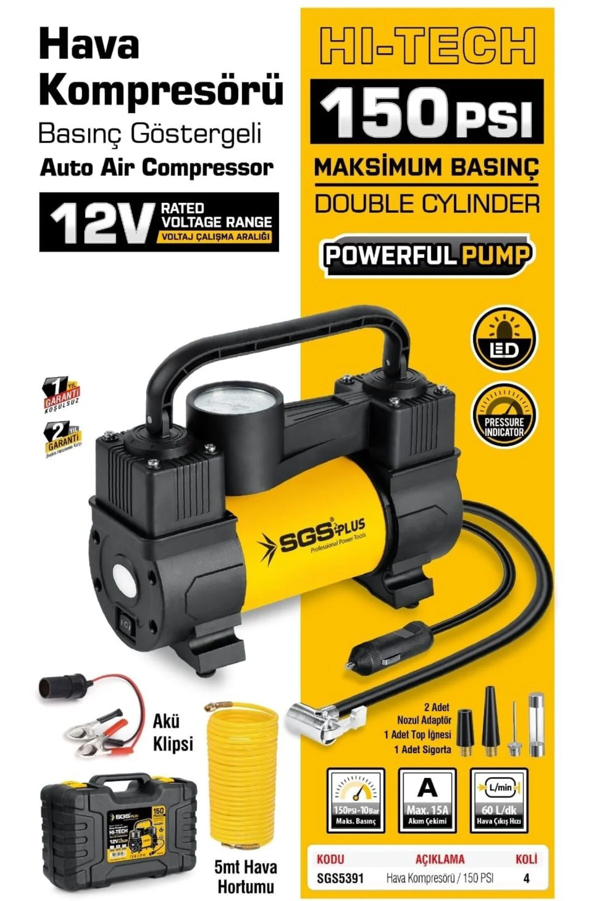 SGS5391 - 12 Volt 150 PSI Araç Oto Lastik Hava Kompresörü Basınç 