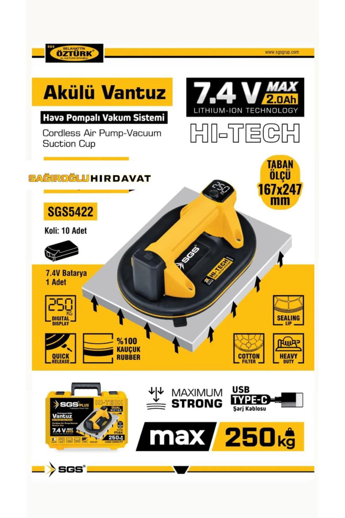 Sgs5422 Akülü dijital göstergeli vakum vantuz 250kg taşıma kapasiteli Fiyatı, Yorumları ve Özellikleri