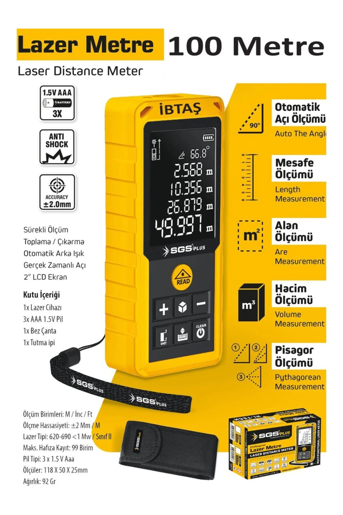 SGS5426 100 Metre Lazer Metre Mesafe Ölçer - Pisagor - Alan - Hac