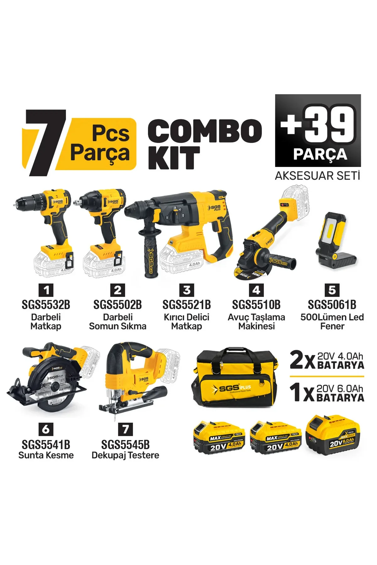 SGS5452 COMBO SET 7 PARÇA ŞARJLI MATKAP HİLTİ TAŞLAMA SOMUN SIKMA SUNTA KESME DEKUĞAJ TESTERE