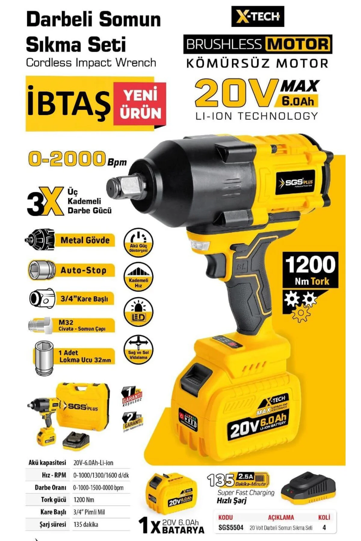 SGS5504 - 3/4 - 20 Volt 6 Amper 1200 Nm Tork Akülü Darbeli Somun 