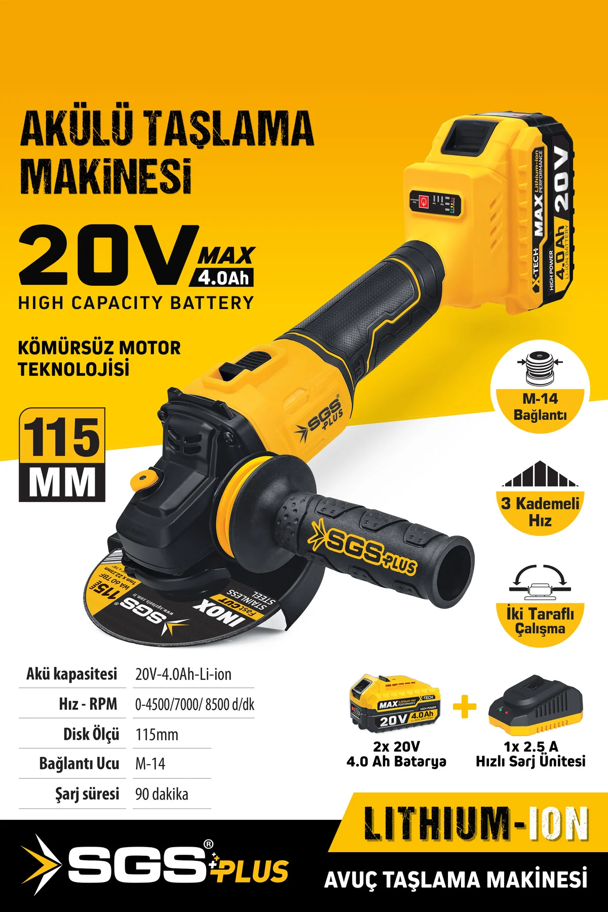 SGS5510 PROFESYONEL 115MM AKÜLÜ ŞARJLI AVUÇ TAŞLAMA MAKİNASI KÖMÜ