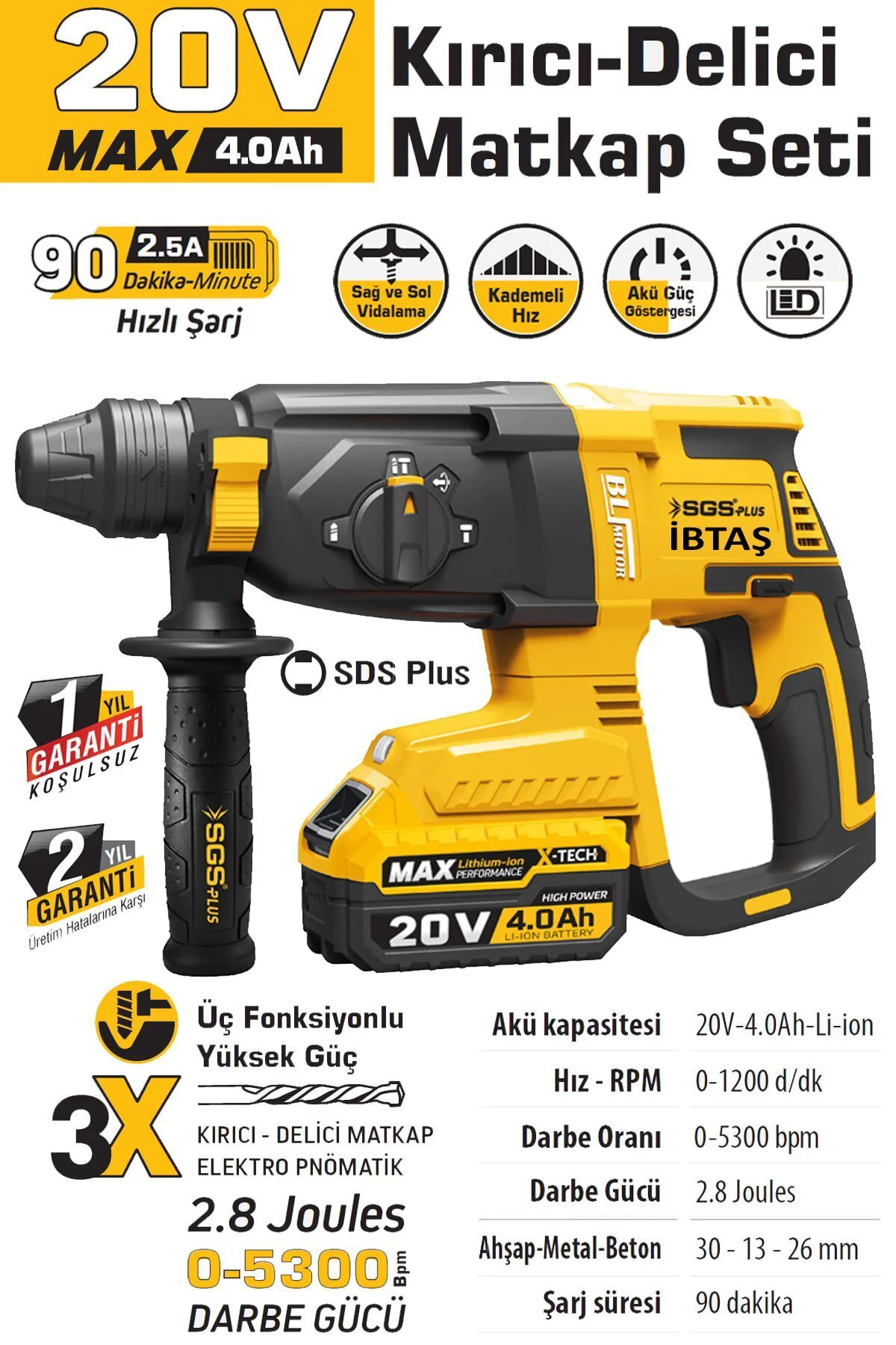 Sgs5521 - 20 Volt 4 Amper Sds Plus Akülü Darbeli Kırıcı Delici Se