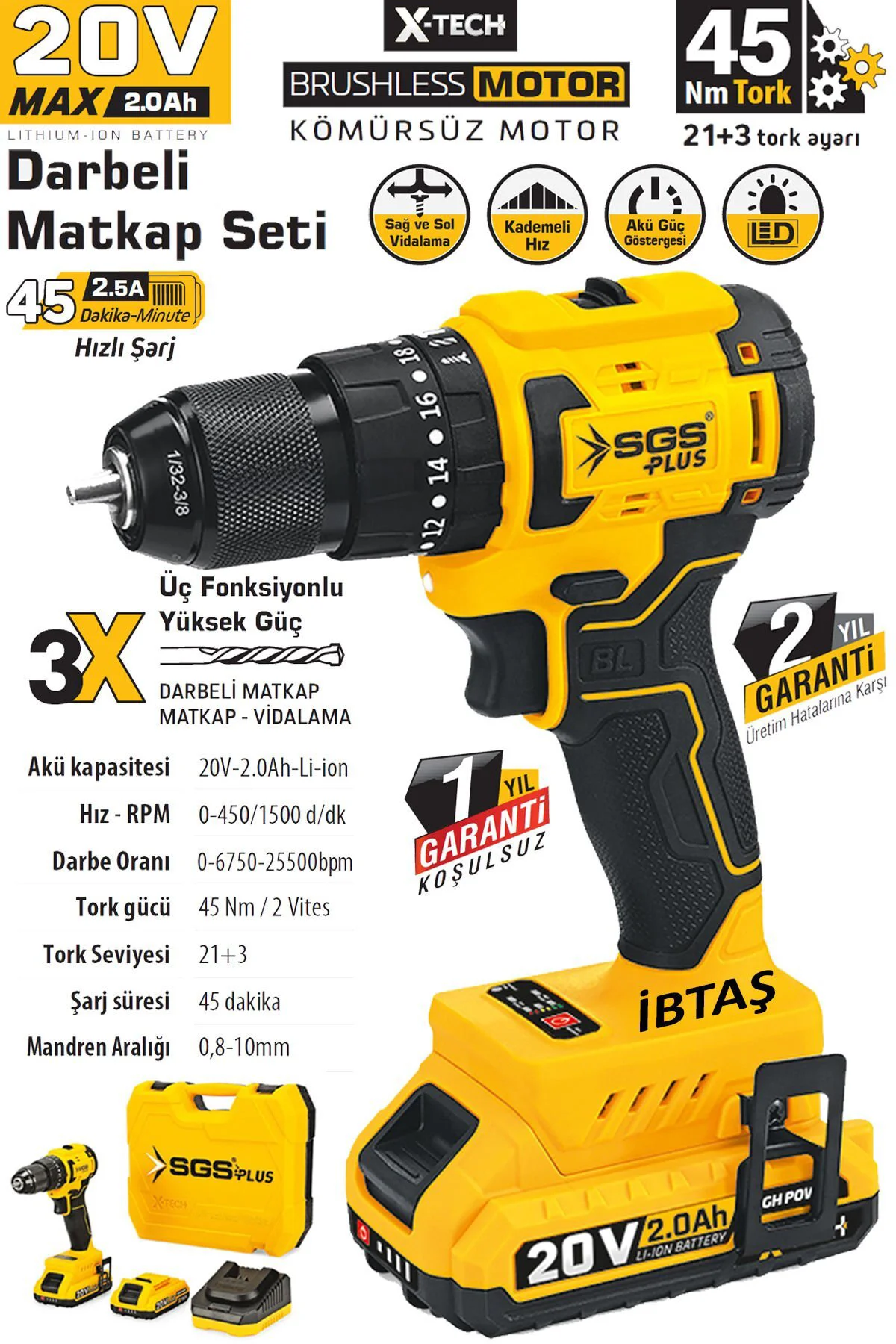 Sgs5530 - 20 Volt 2 Amper 45 Nm Tork Akülü Şarjlı Darbeli Matkap 