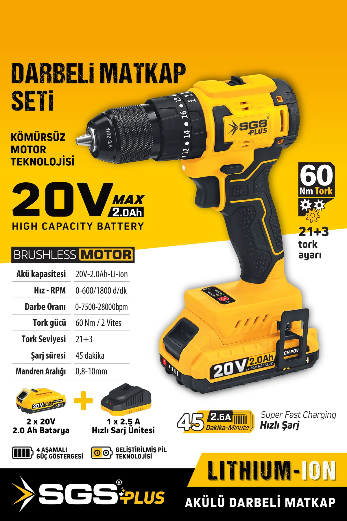 SGS5532 60 NM TORKLU DARBELİ 20 VOLT 2 AMPER 2 AKÜLÜ VİDALAMA MAT