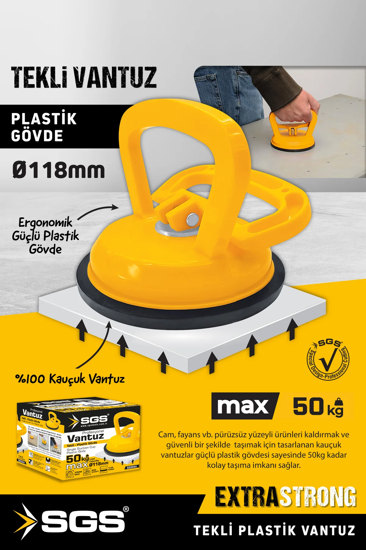 SGS944 50 Kg Tekli Vantuz Cam Granit Seramik Laminat Ahşap Ayna Taşıma Vantuzu