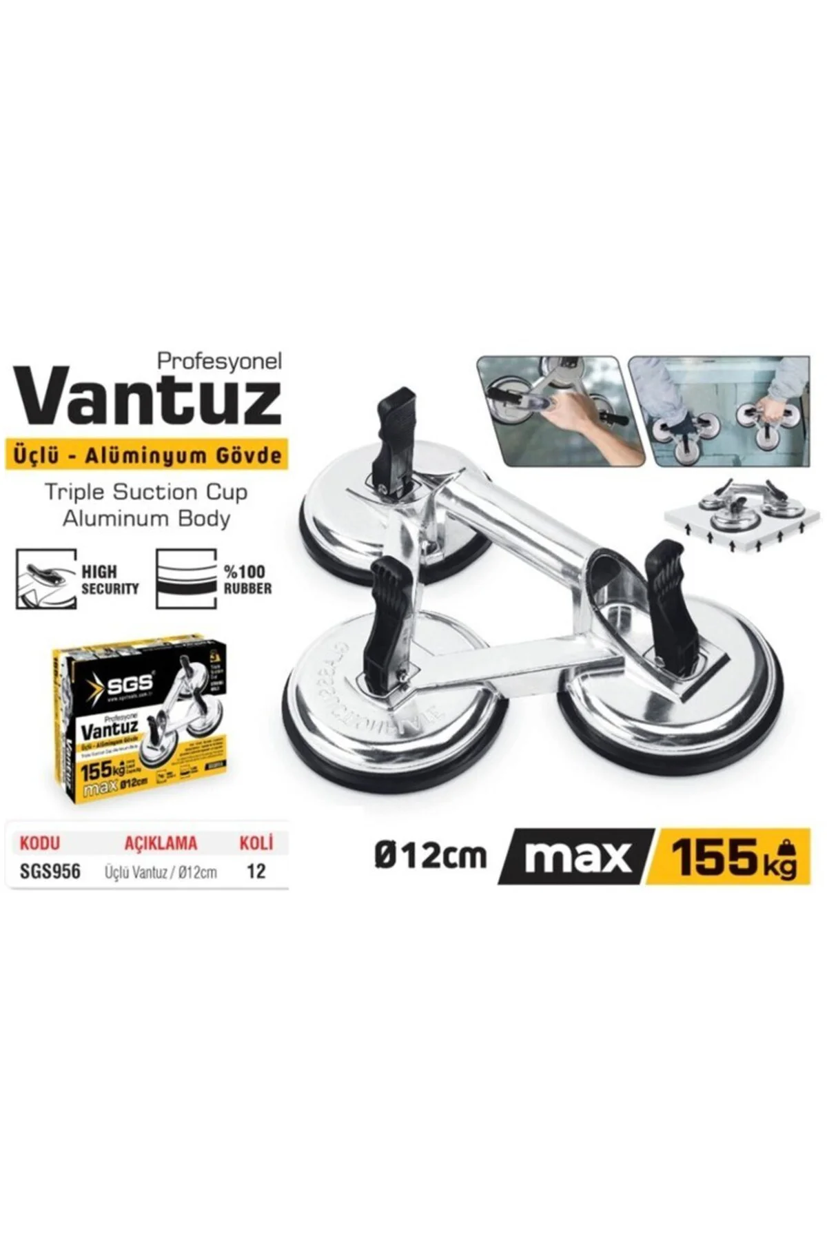 SGS956 - 155 kg Üçlü Vantuz Alüminyum Cam Seramik Fayans Ahşap Tutma Taşıma Vantuzu 12CM 12CM 12 SGS956 - 155 kg Üçlü Vantuz Alüminyum Cam Seramik Fayans Ahşap Tutma Taşıma Vantuzu 12CM 12CM 12