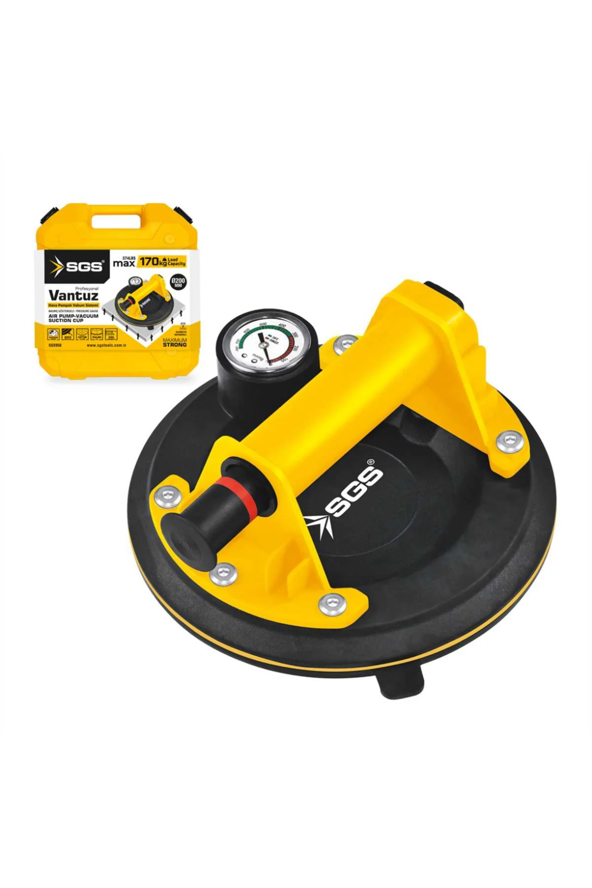 Sgs958 göstergeli pompalı vantuz 200mm vantuz çapı 170 kg taşıma kapasitesi