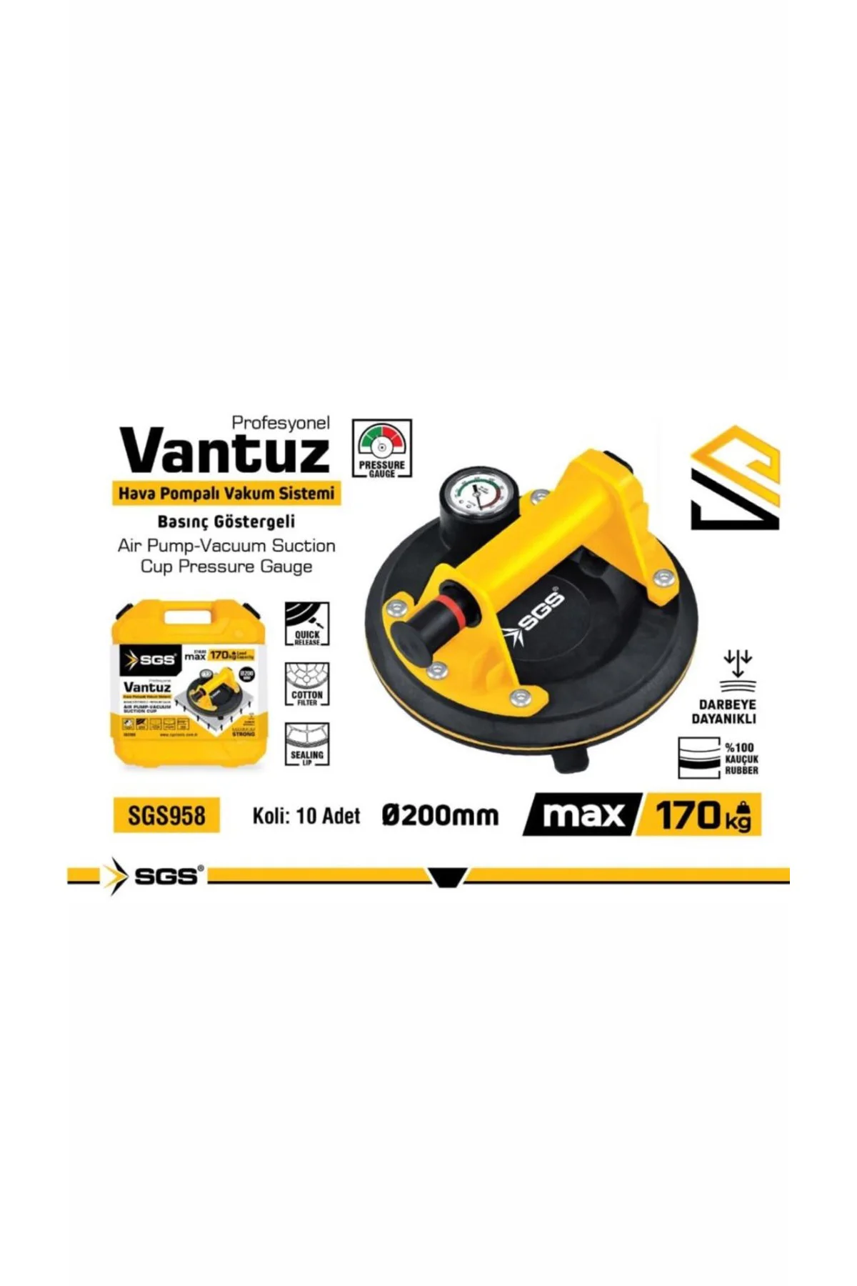 Sgs958 göstergeli pompalı vantuz 200mm vantuz çapı 170 kg taşıma kapasitesi