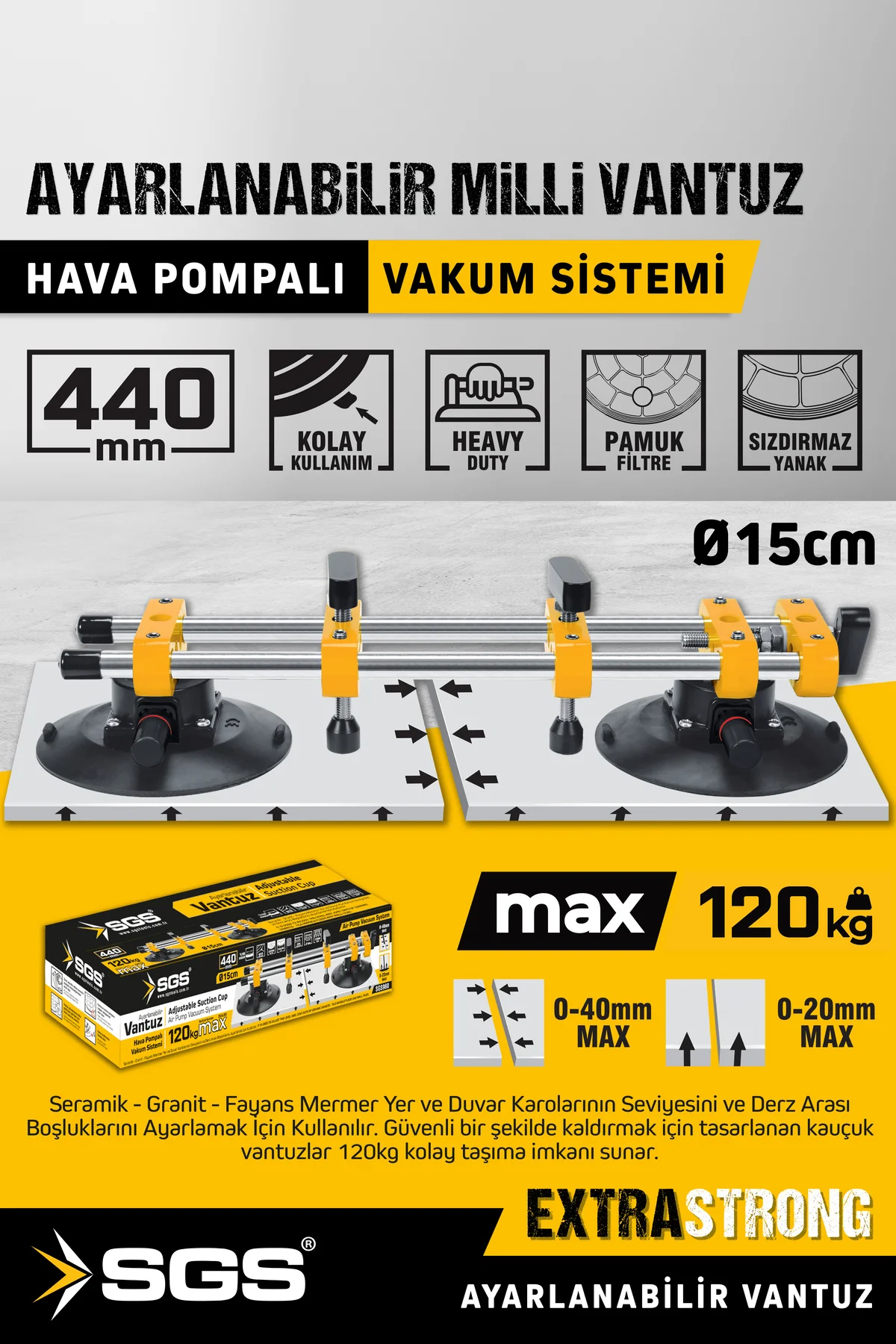 SGS960 120 KG İkili Ayarlanabilir Milli Vantuz Hava Pompalı Vakum Sistemi Seramik Boşluk Ayarlama