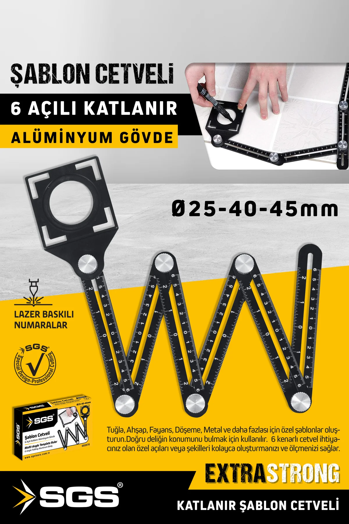SGS970 Alüminyum Alaşım Delik Şablon Cetveli Fayans Granit Ölçme Cetveli