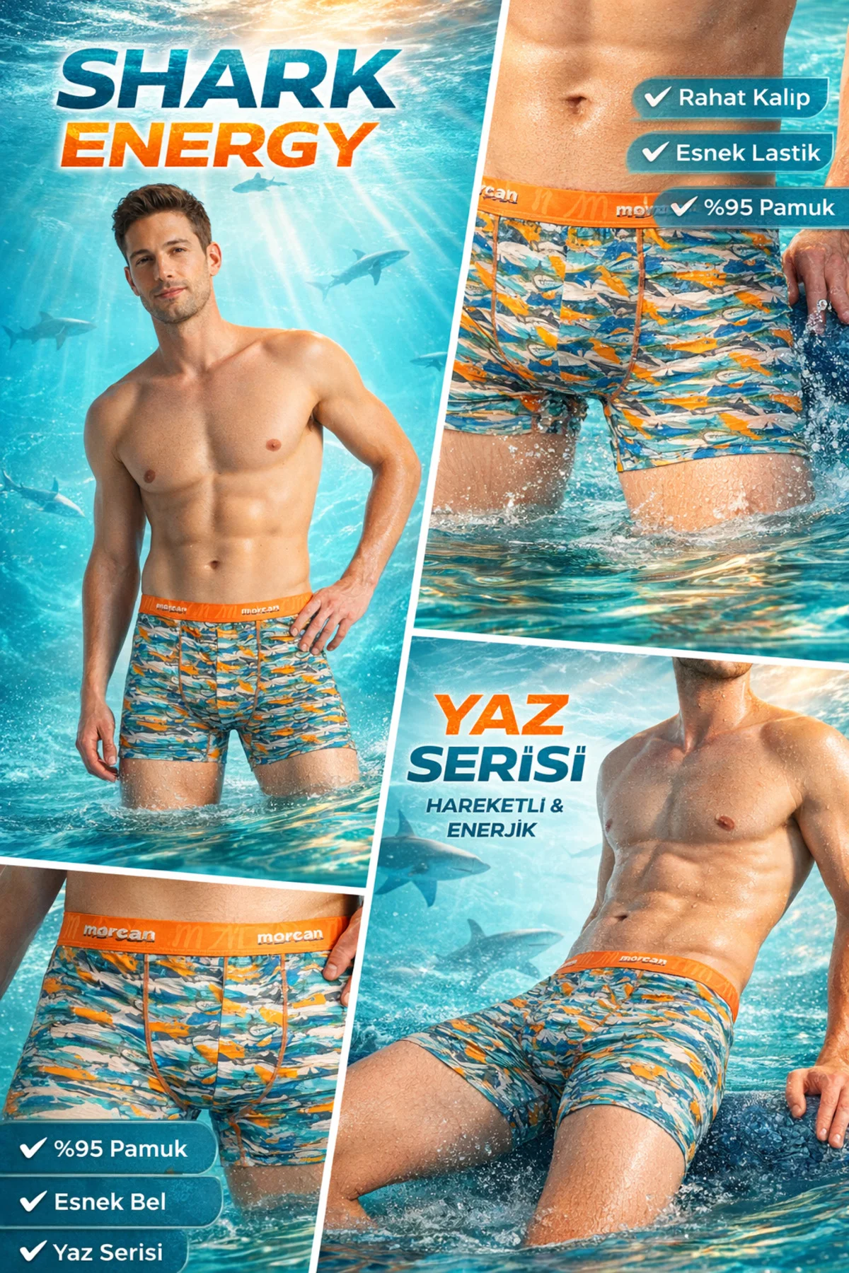 Shark Baskılı Likralı Pamuklu Desenli Esnek Erkek Boxer