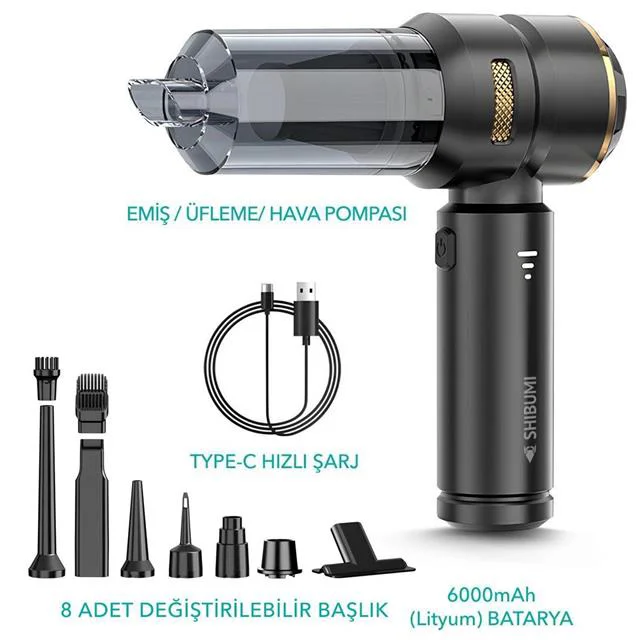 Shibumi Tornada 100 Watt 6000mAh 16000pa Çekiş Gücü 8 Adet Başlıklı Şarjlı Güçlü Üfleme Araç İçi Süpürge Shibumi Tornada 100 Watt 6000mAh 16000pa Çekiş Gücü 8 Adet Başlıklı Şarjlı Güçlü Üfleme Araç İçi Süpürge