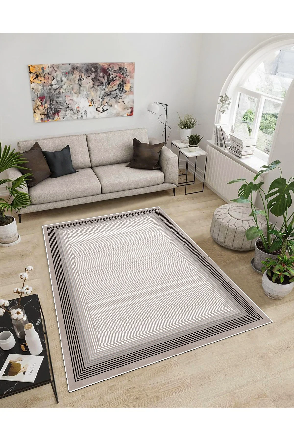 Shine M(1) Vizon Saçaksız Kaymaz Tabanlı Dijital Baskılı Dekoratif Halı 180x180