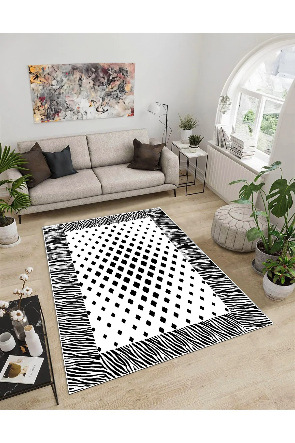 Shine M(103) Beyaz Saçaksız Kaymaz Tabanlı Dijital Baskılı Dekoratif Halı 200x350