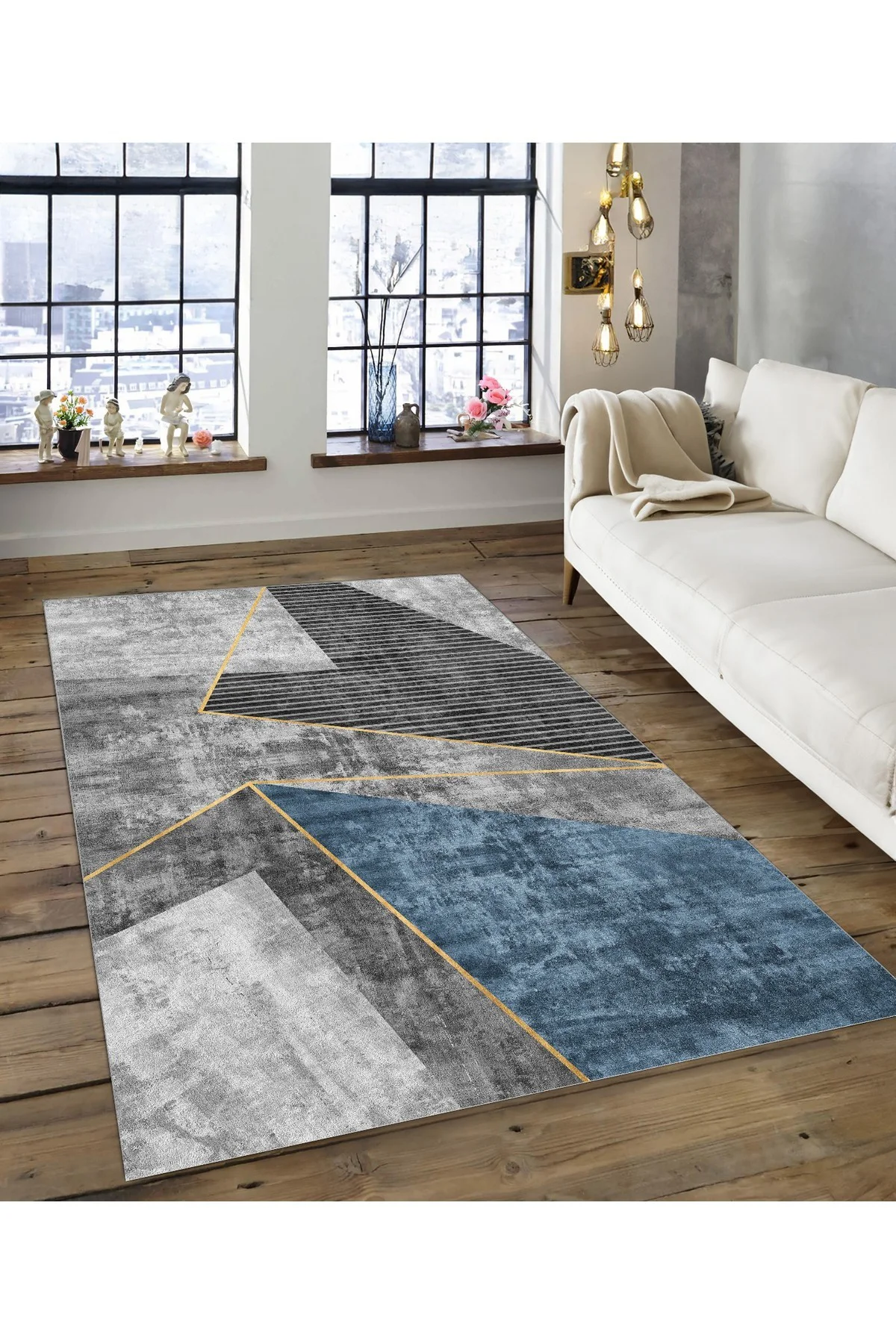 Shine M(107) Turkuaz Saçaksız Kaymaz Tabanlı Dijital Baskılı Dekoratif Halı 200x500