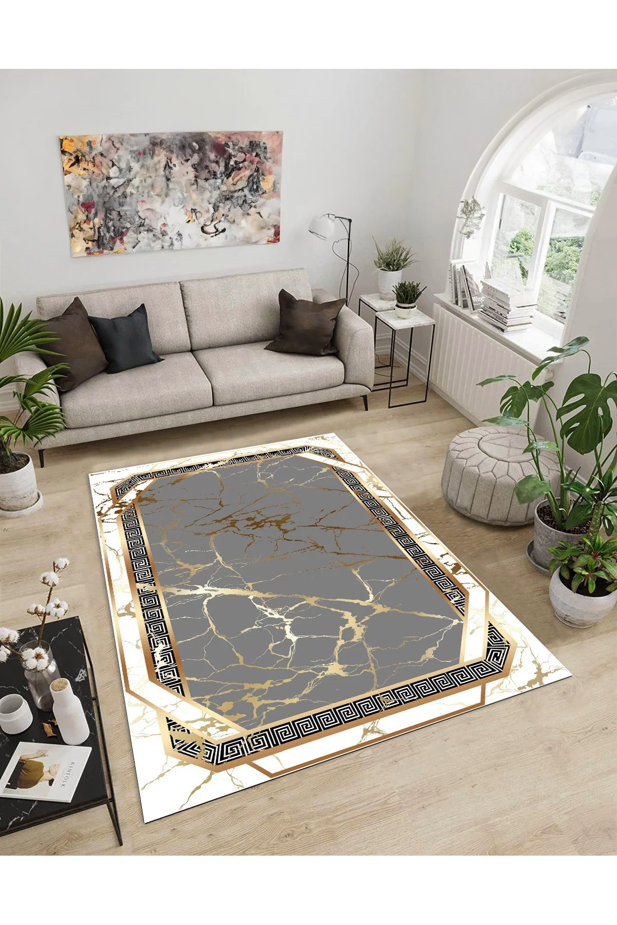 Shine M(109) Beyaz Saçaksız Kaymaz Tabanlı Dijital Baskılı Dekoratif Halı 200x450