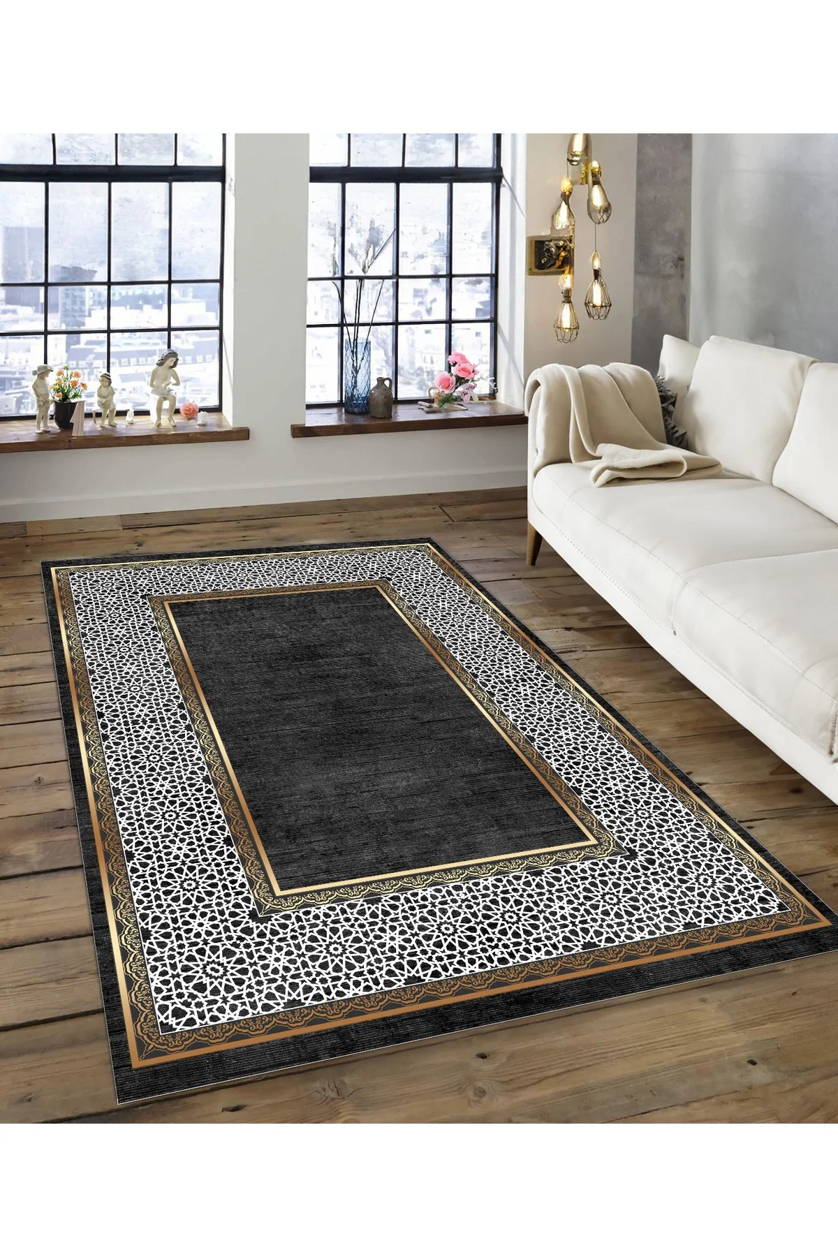 Shine M(111) Antrasit Saçaksız Kaymaz Tabanlı Dijital Baskılı Dekoratif Halı 160x300