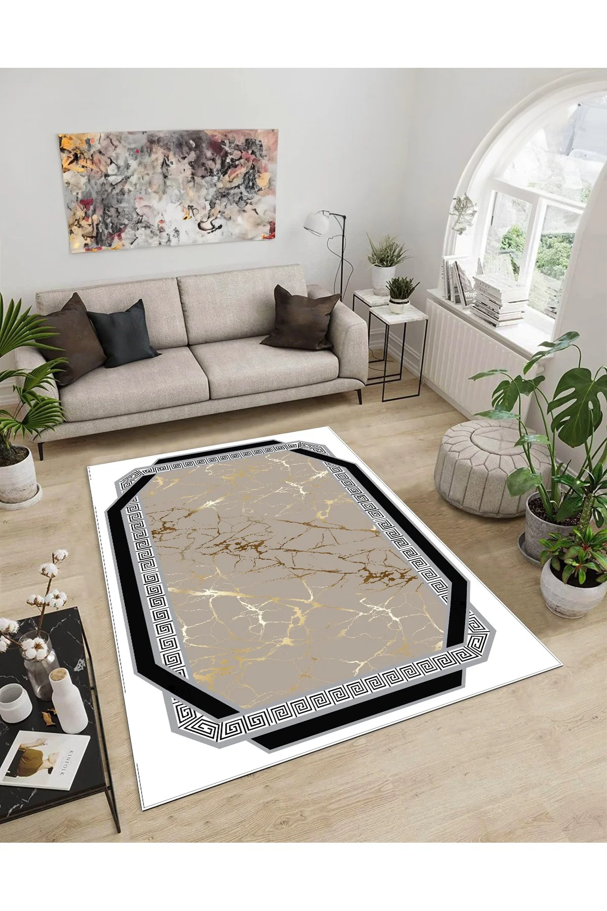 Shine M(113) Beyaz Saçaksız Kaymaz Tabanlı Dijital Baskılı Dekoratif Halı 160x160