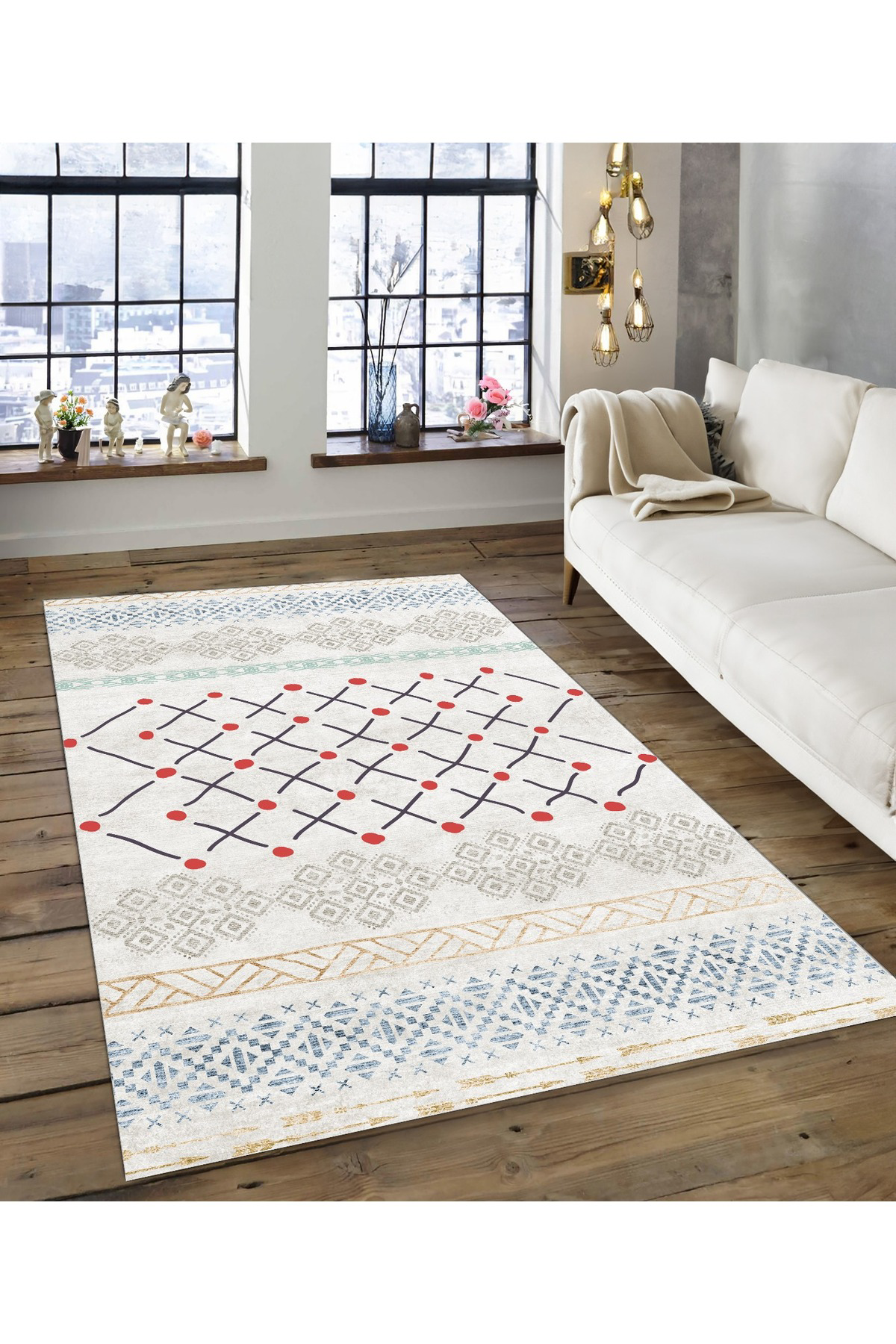 Shine M(121) Beyaz Saçaksız Kaymaz Tabanlı Dijital Baskılı Dekoratif Halı 60x200