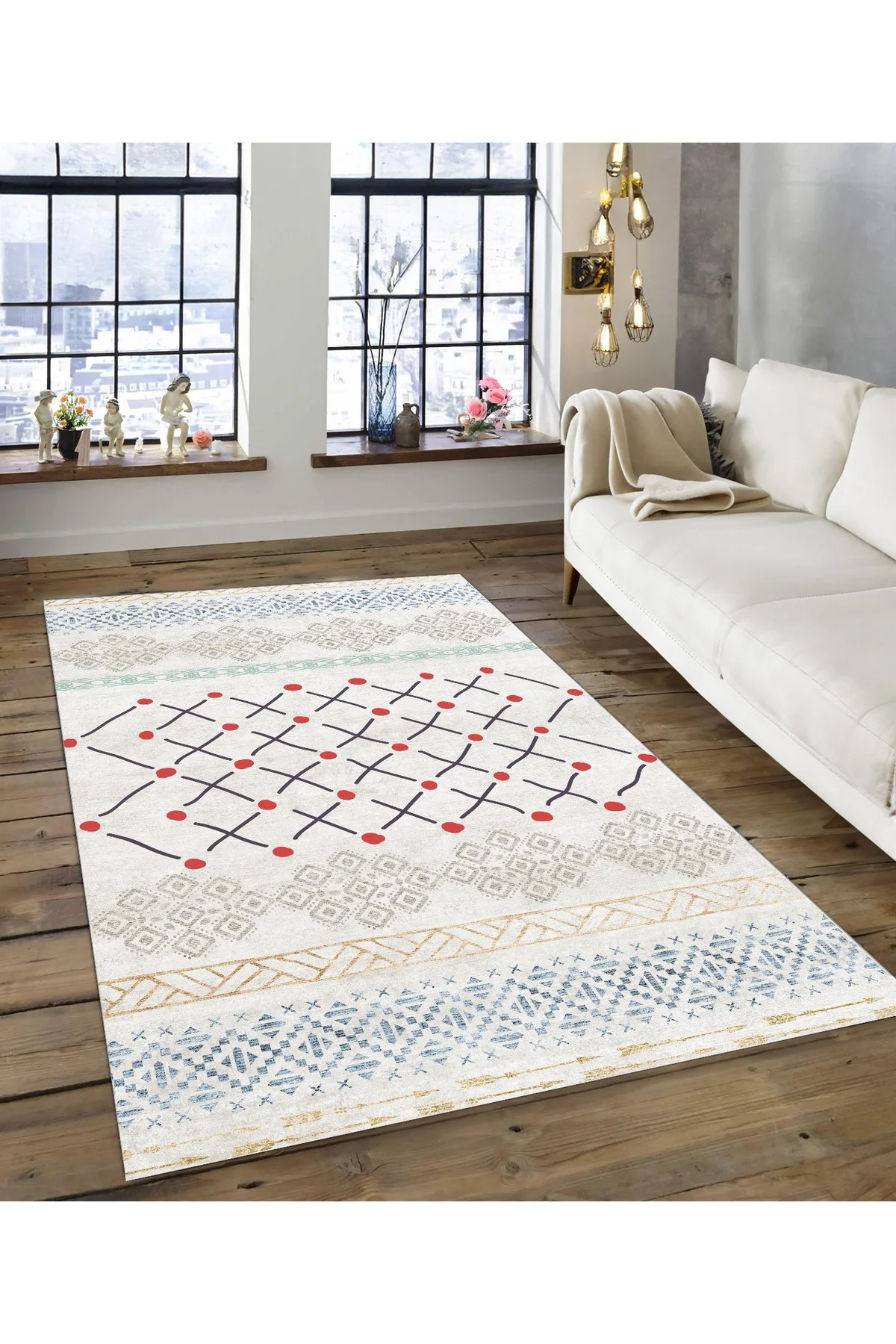 Shine M(121) Beyaz Saçaksız Kaymaz Tabanlı Dijital Baskılı Dekoratif Halı 80x400