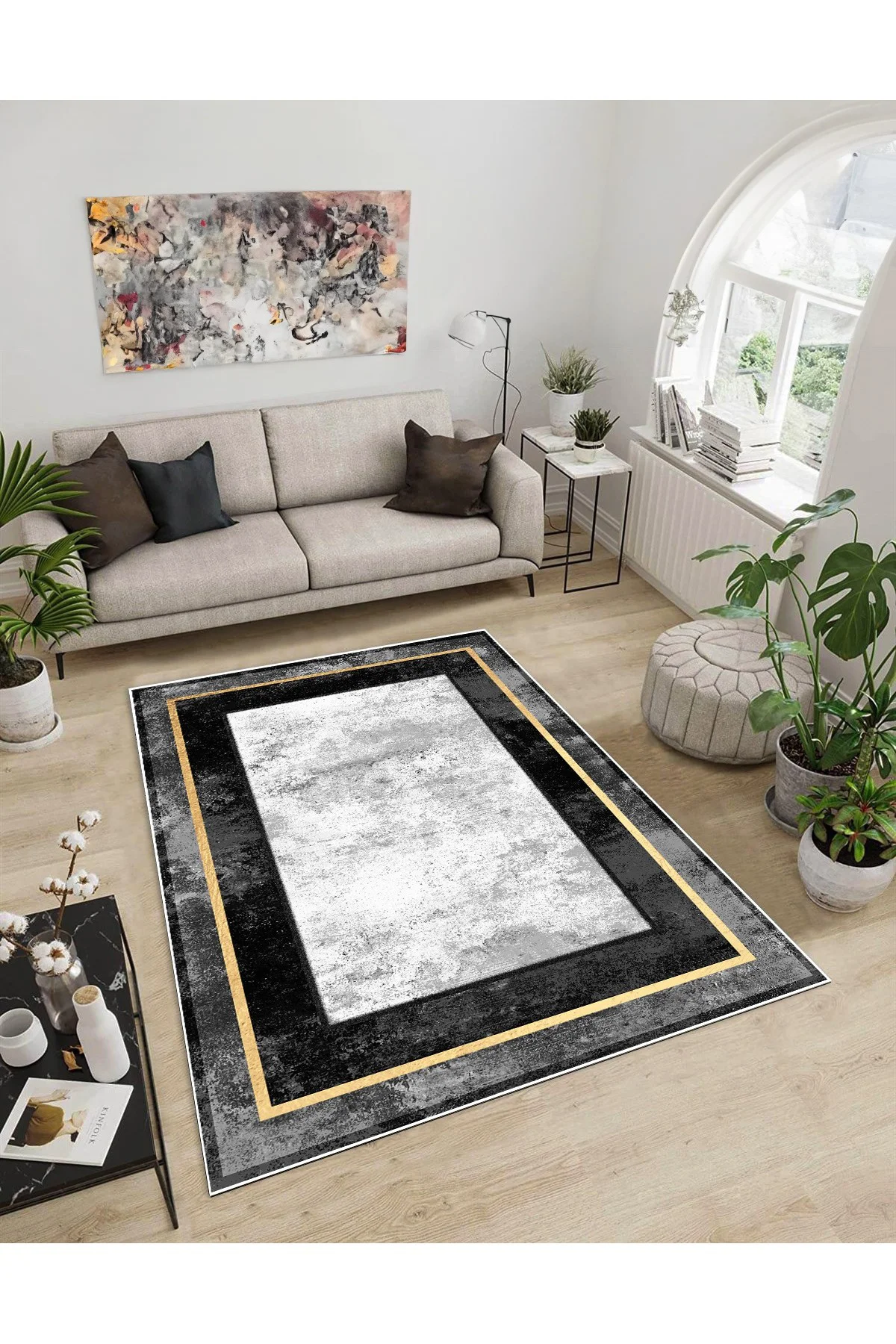 Shine M(124) Antrasit Saçaksız Kaymaz Tabanlı Dijital Baskılı Dekoratif Halı 200x350
