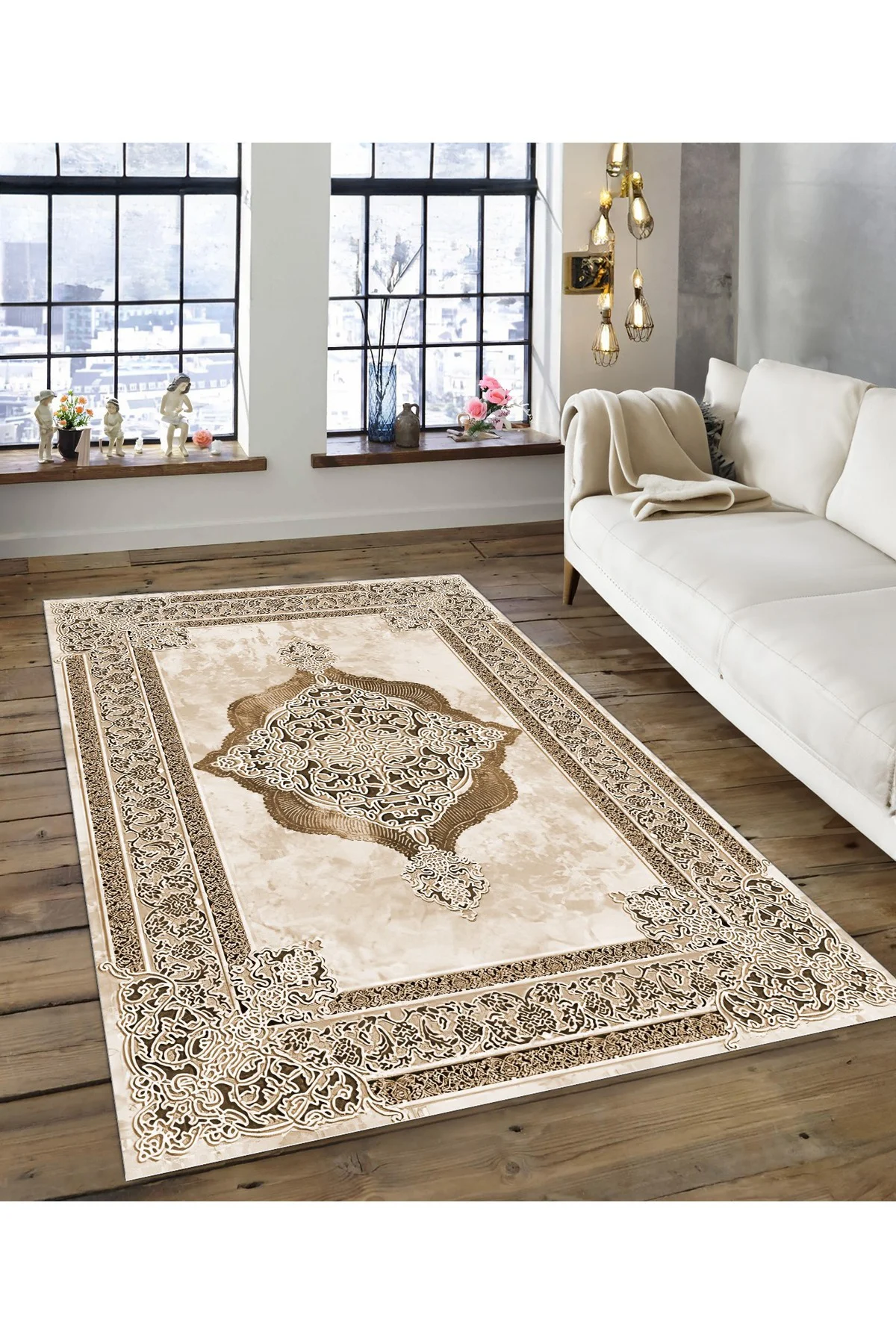 Shine M(125) Krem Saçaksız Kaymaz Tabanlı Dijital Baskılı Dekoratif Halı 60x450