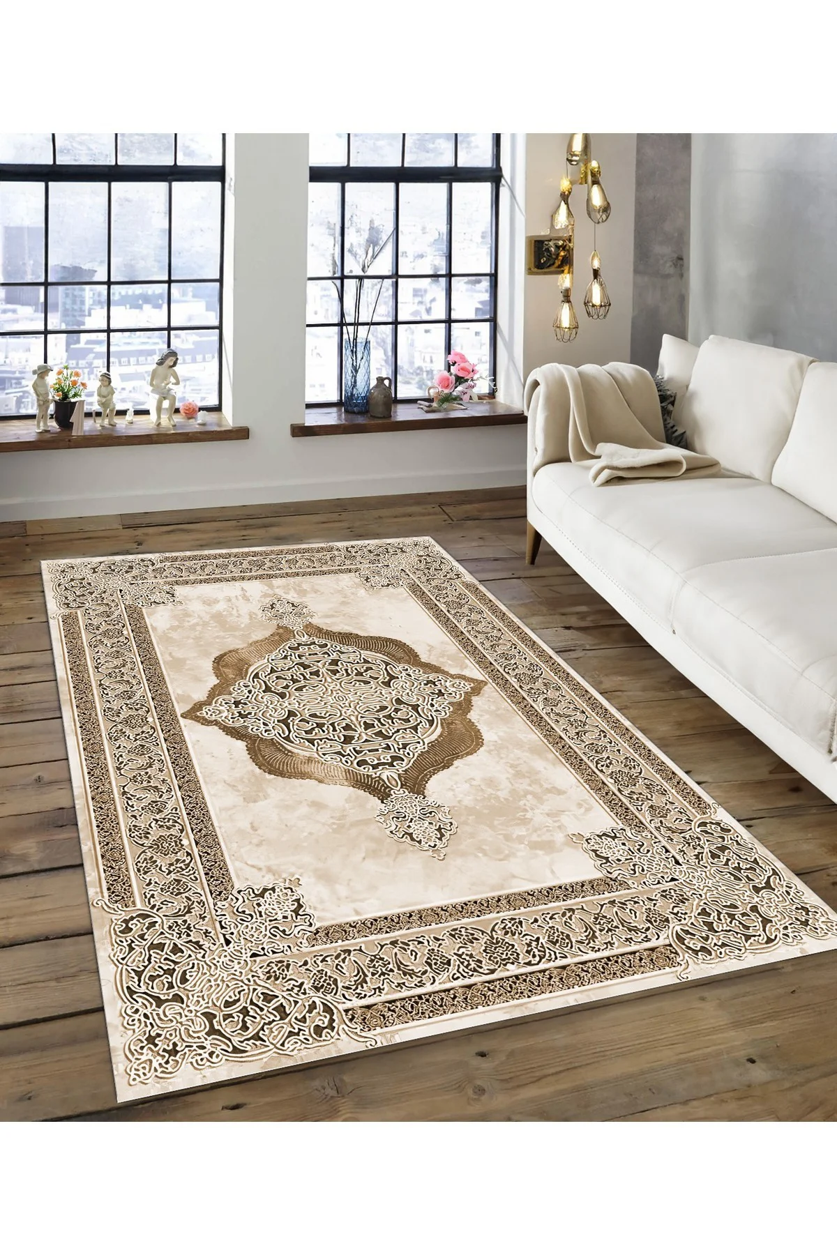 Shine M(125) Krem Saçaksız Kaymaz Tabanlı Dijital Baskılı Dekoratif Halı 80x100