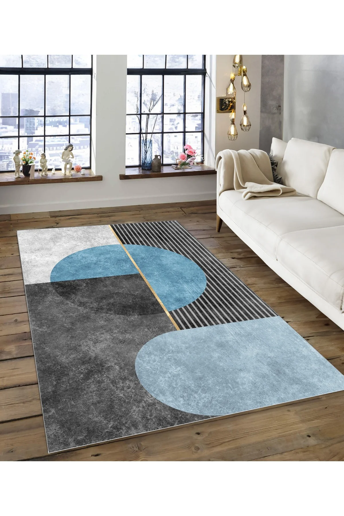 Shine M(129) Antrasit Saçaksız Kaymaz Tabanlı Dijital Baskılı Dekoratif Halı 120x250