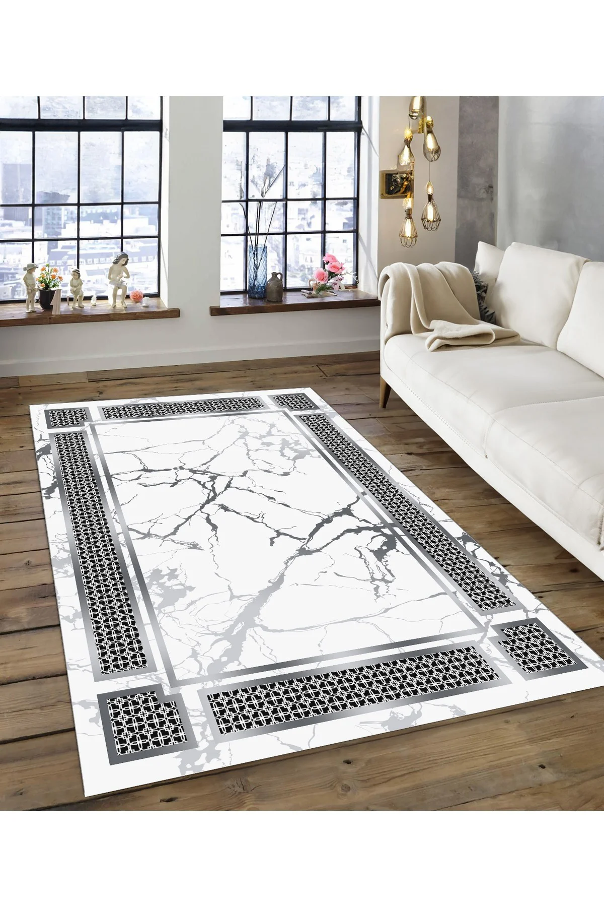 Shine M(130) Beyaz Saçaksız Kaymaz Tabanlı Dijital Baskılı Dekoratif Halı 160x350