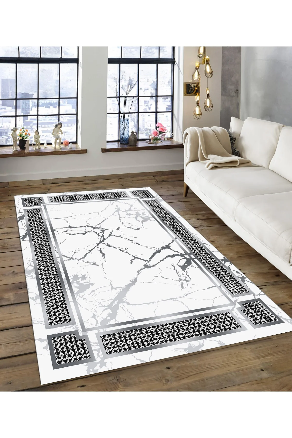 Shine M(130) Beyaz Saçaksız Kaymaz Tabanlı Dijital Baskılı Dekoratif Halı 60x200