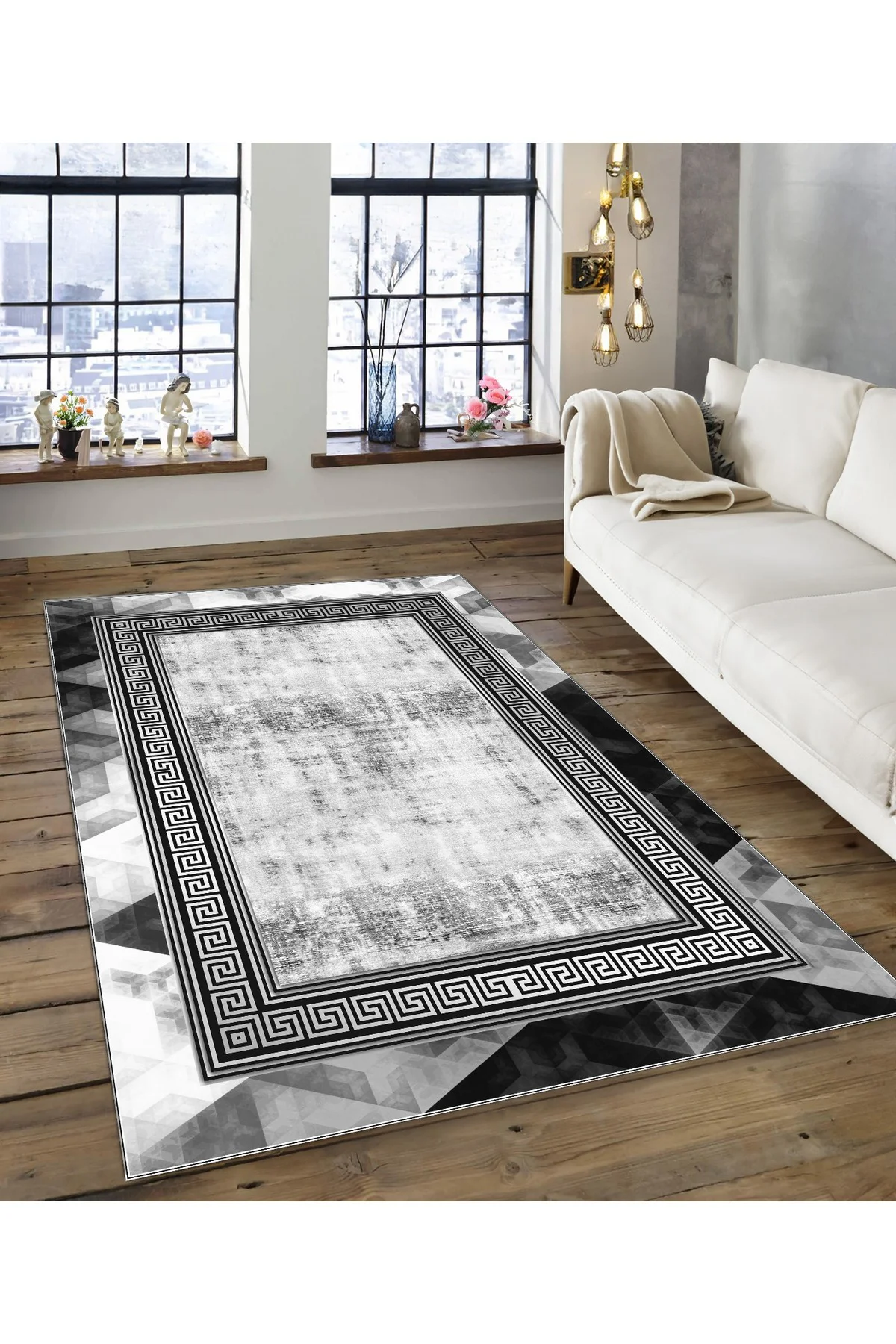Shine M(131) Gri Saçaksız Kaymaz Tabanlı Dijital Baskılı Dekoratif Halı 80x150