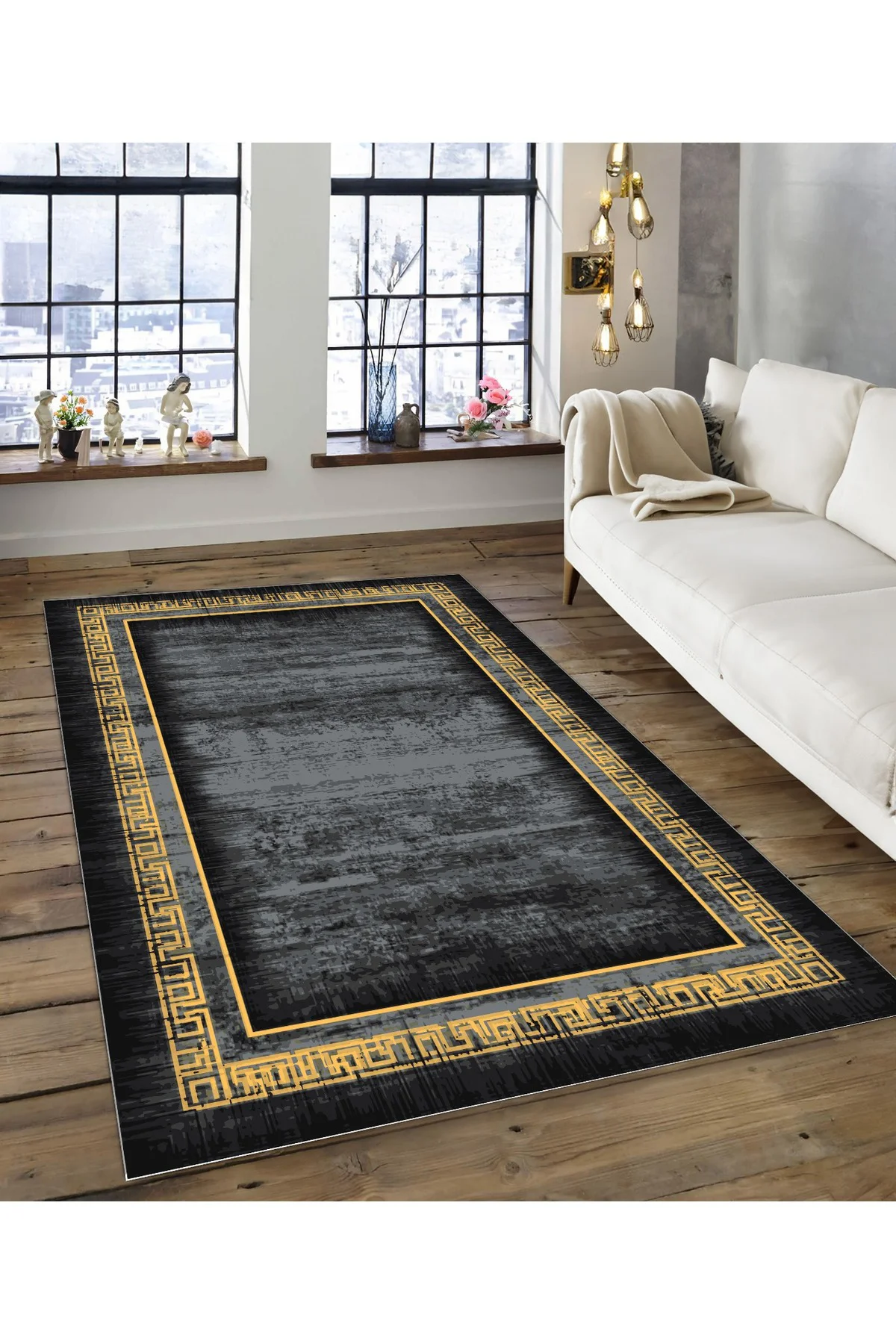 Shine M(135) Siyah Saçaksız Kaymaz Tabanlı Dijital Baskılı Dekoratif Halı 120x350