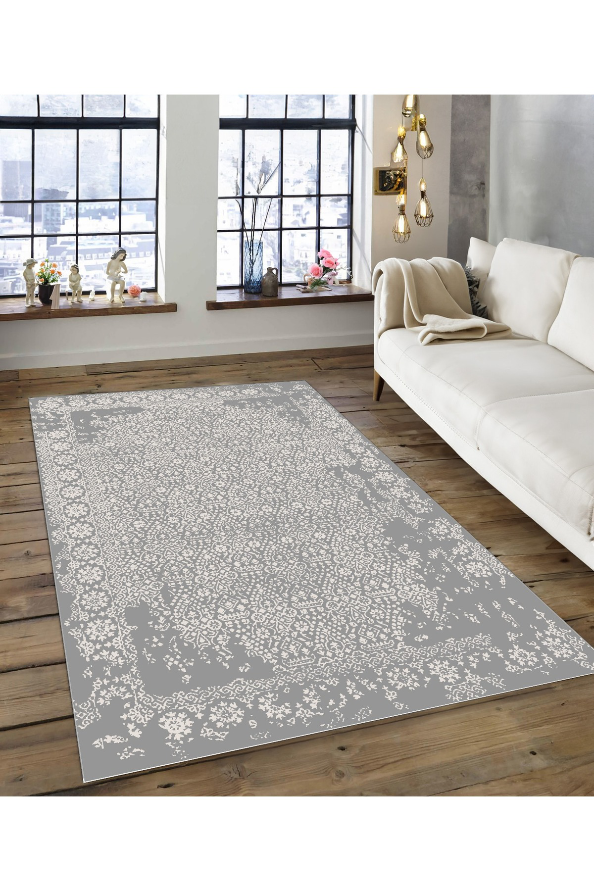 Shine M(136) Gri Saçaksız Kaymaz Tabanlı Dijital Baskılı Dekoratif Halı 60x400