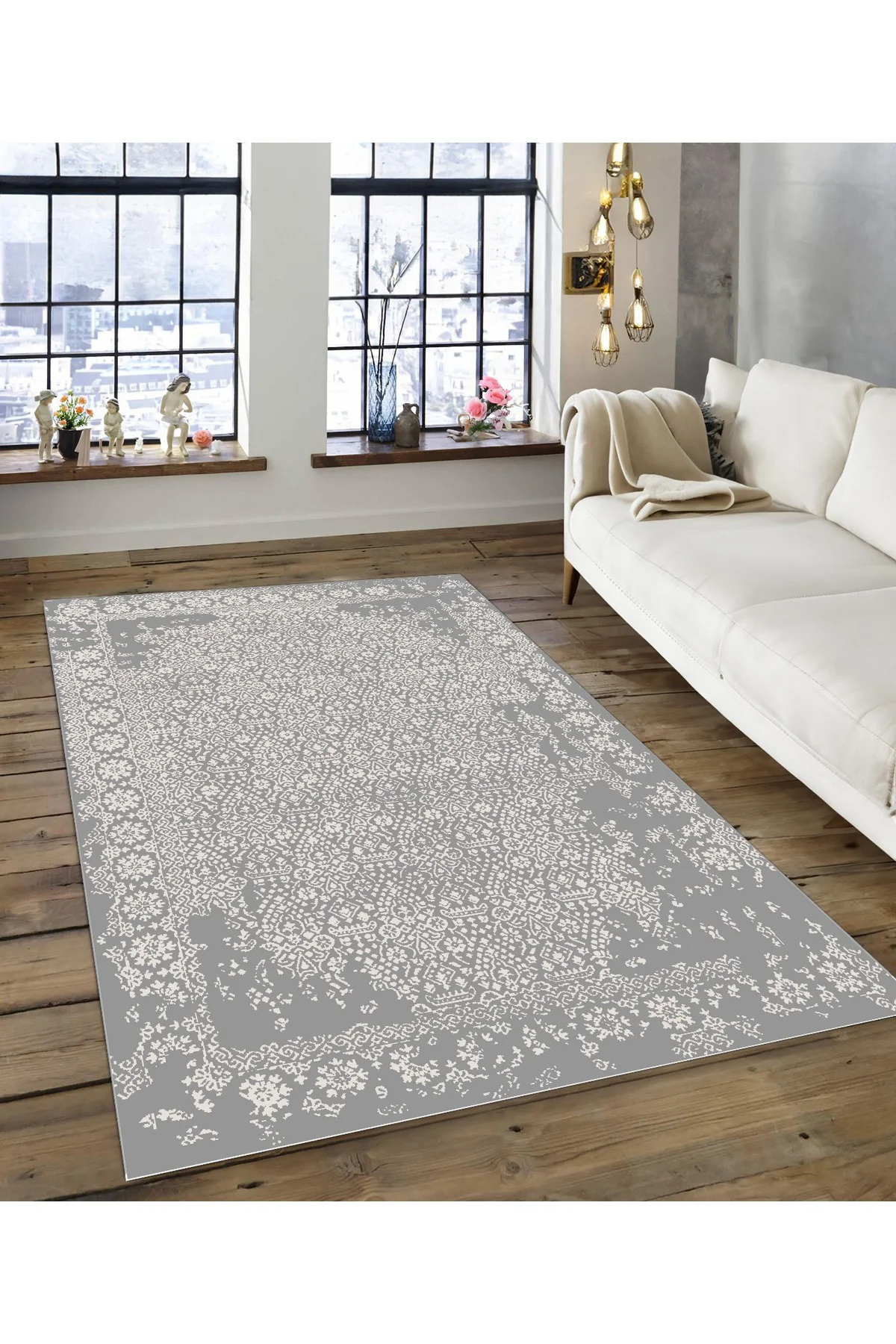 Shine M(136) Gri Saçaksız Kaymaz Tabanlı Dijital Baskılı Dekoratif Halı 80x550