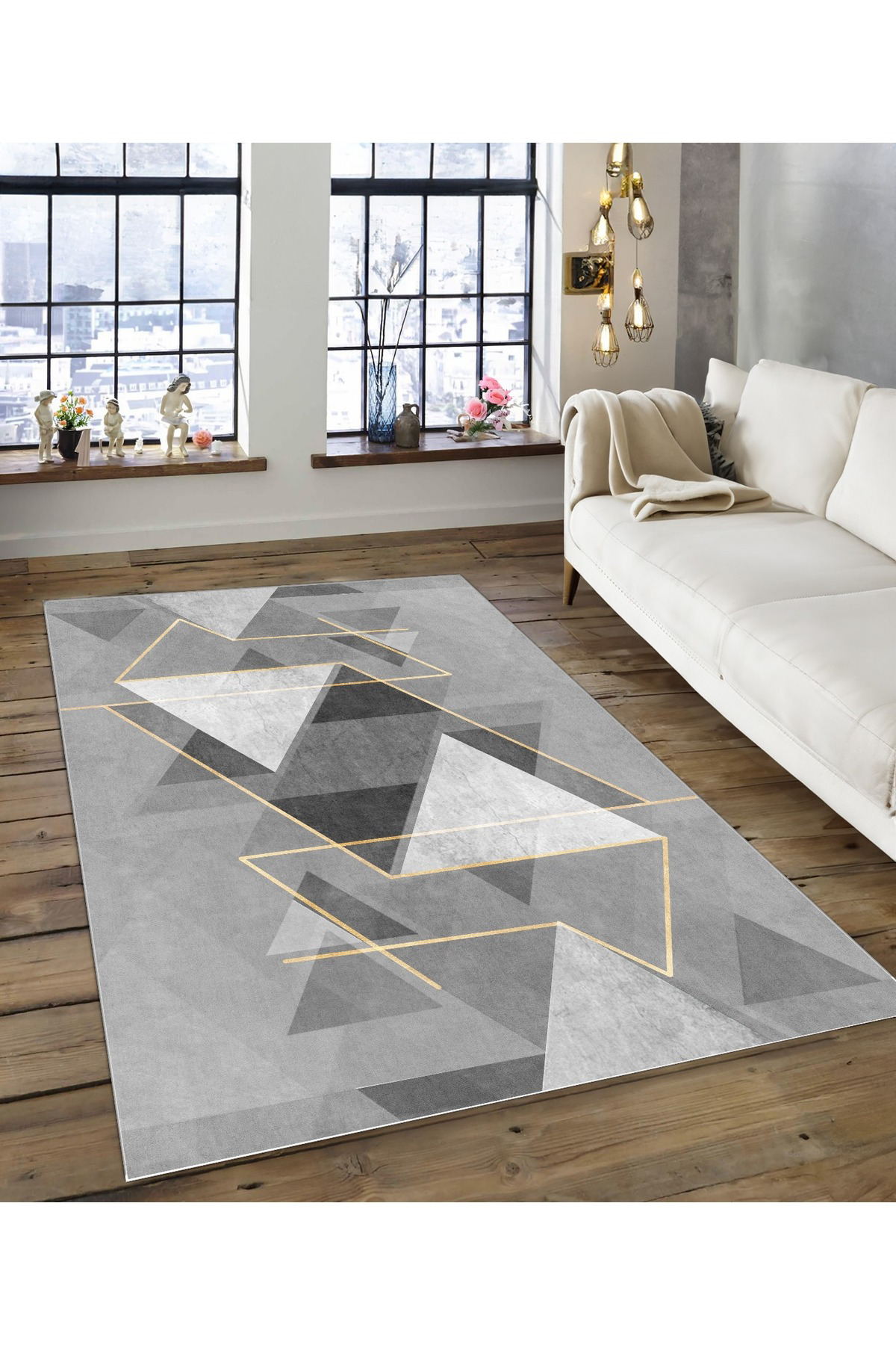 Shine M(139) Gri Saçaksız Kaymaz Tabanlı Dijital Baskılı Dekoratif Halı 120x180
