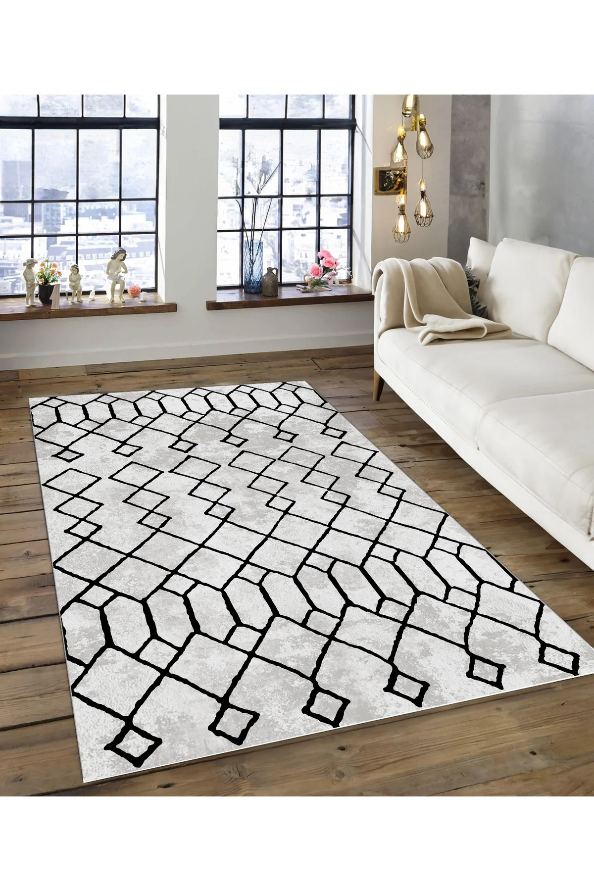 Shine M(140) Gri Saçaksız Kaymaz Tabanlı Dijital Baskılı Dekoratif Halı 200x300