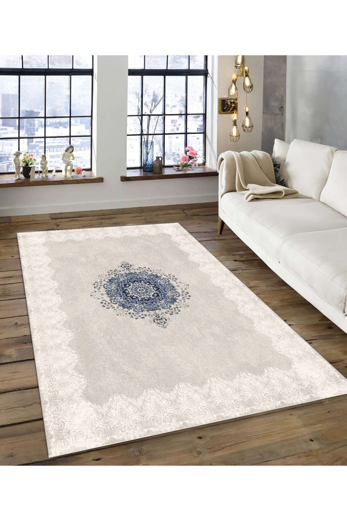 Shine M(144) Krem Saçaksız Kaymaz Tabanlı Dijital Baskılı Dekoratif Halı 120x300