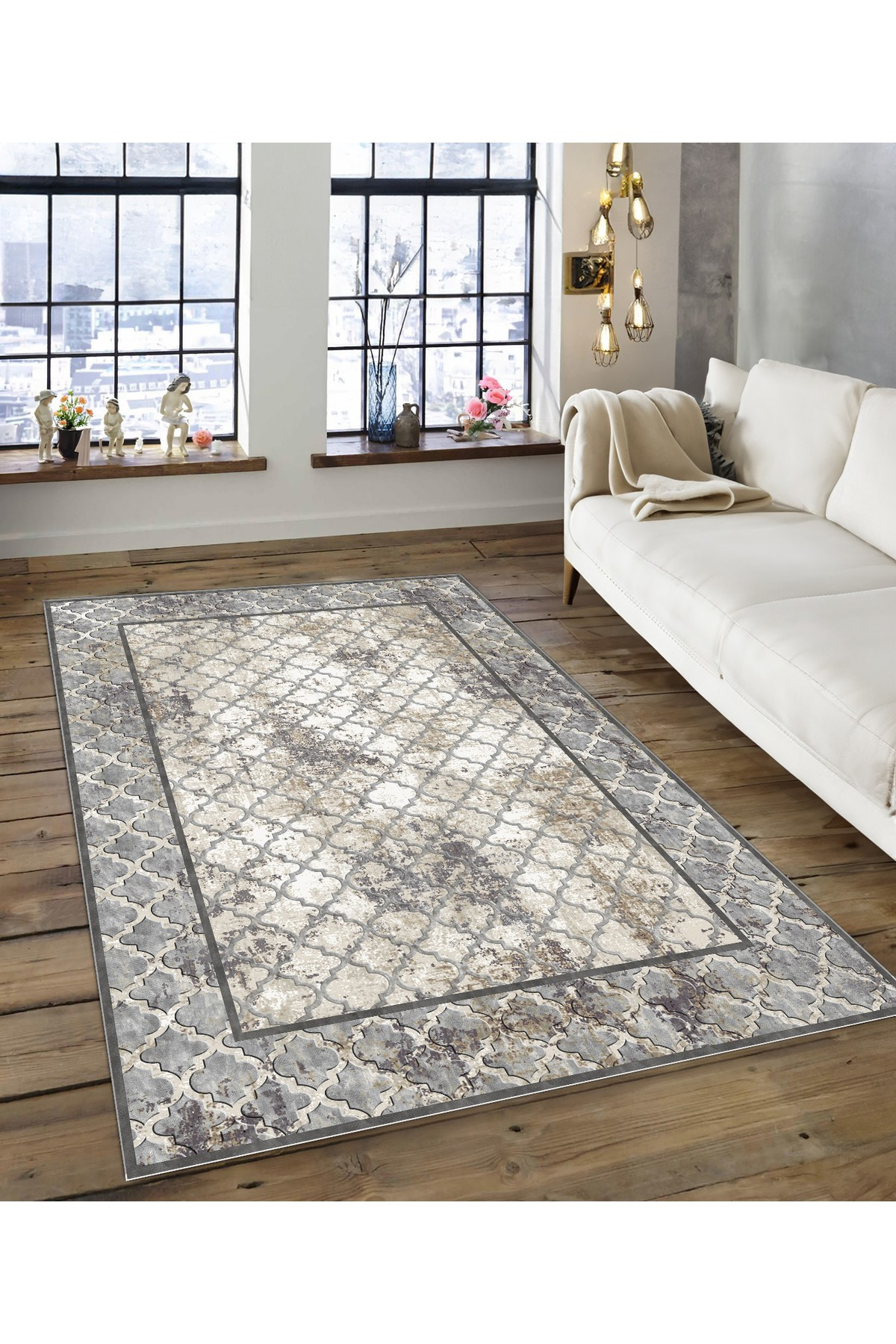 Shine M(145) Gri Saçaksız Kaymaz Tabanlı Dijital Baskılı Dekoratif Halı 200x500