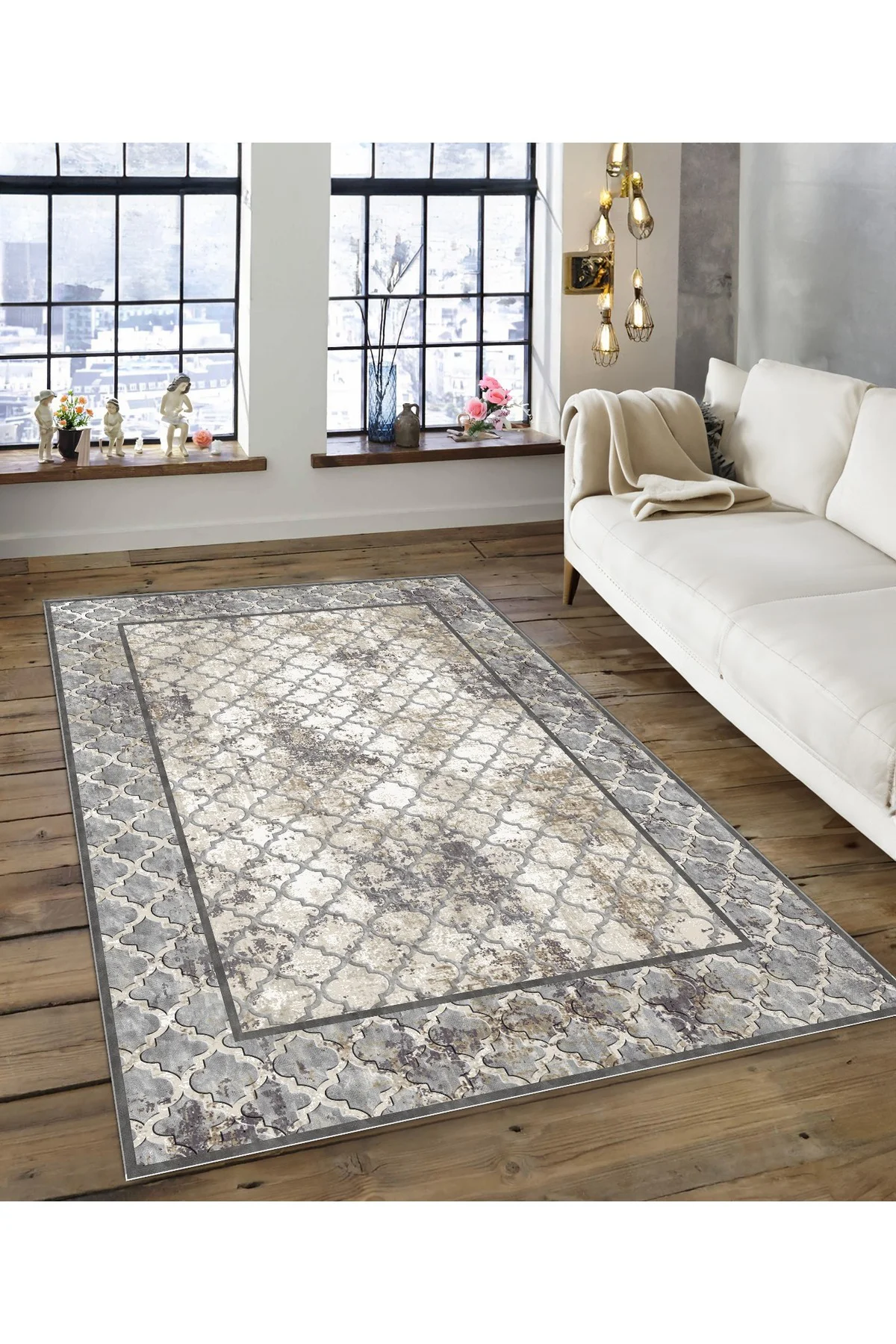Shine M(145) Gri Saçaksız Kaymaz Tabanlı Dijital Baskılı Dekoratif Halı 80x250