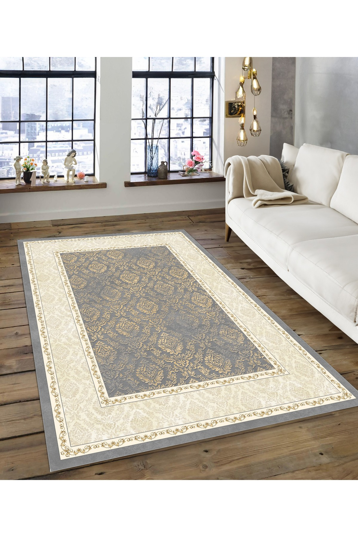Shine M(146) Gri Saçaksız Kaymaz Tabanlı Dijital Baskılı Dekoratif Halı 160x350