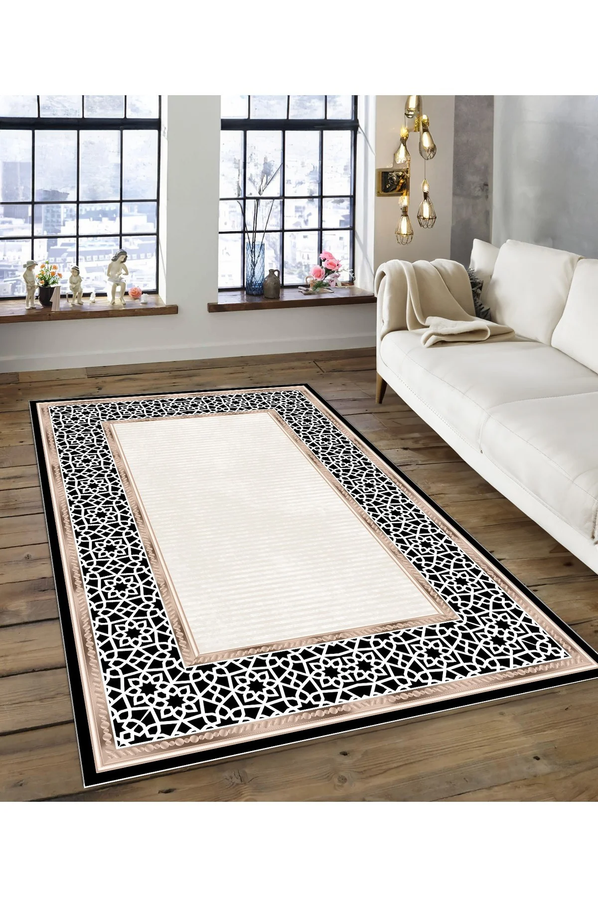 Shine M(148) Krem Saçaksız Kaymaz Tabanlı Dijital Baskılı Dekoratif Halı 120x200