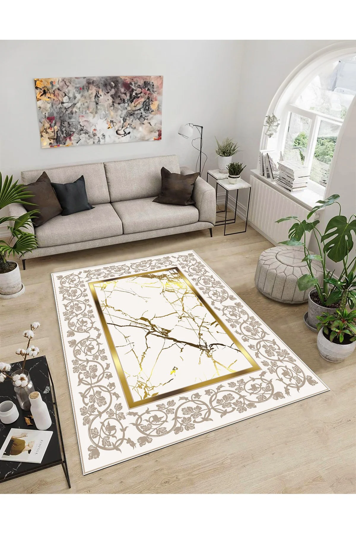 Shine M(15) Gold Saçaksız Kaymaz Tabanlı Dijital Baskılı Dekoratif Halı 140x200
