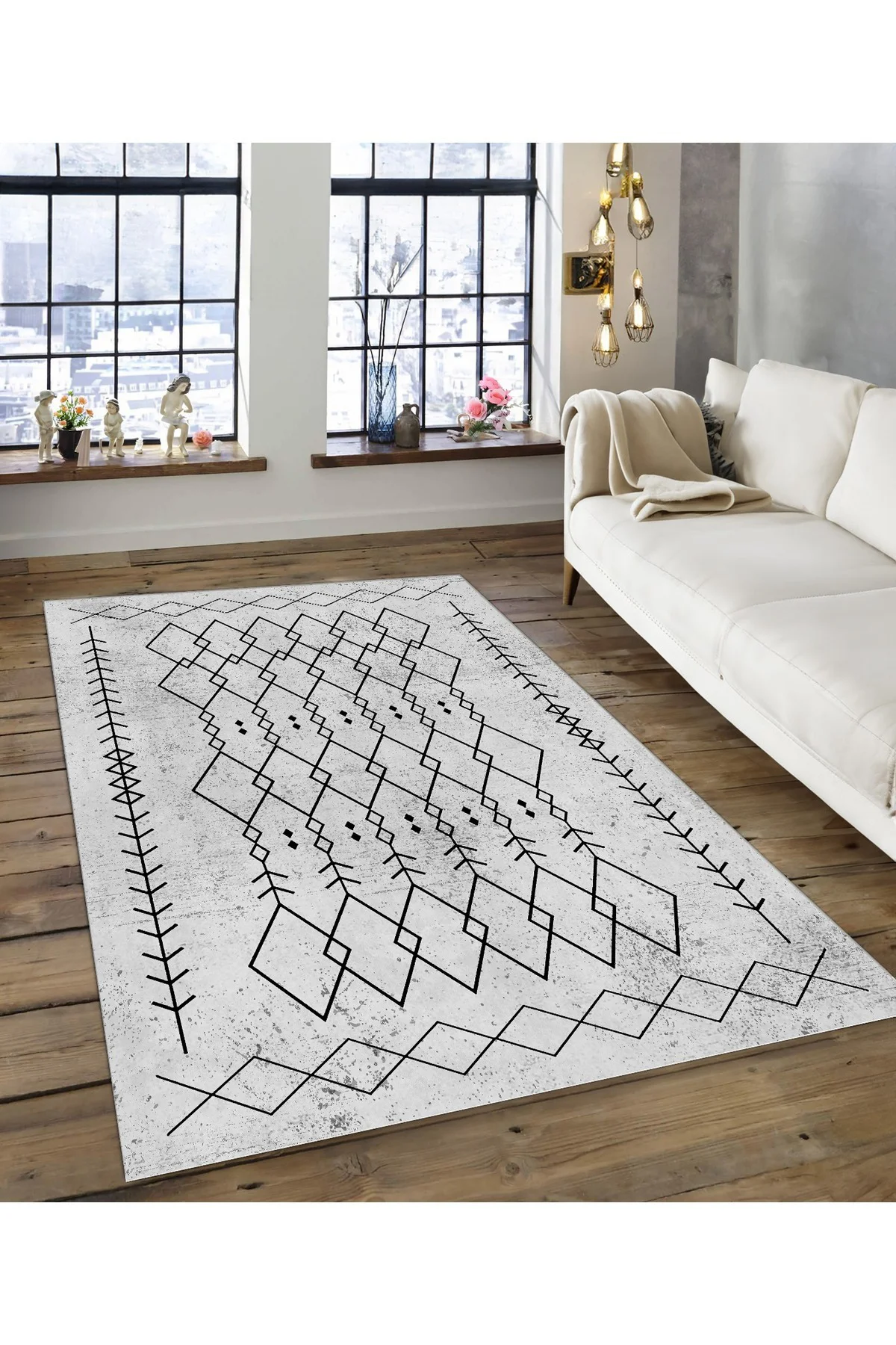Shine M(150) Gri Saçaksız Kaymaz Tabanlı Dijital Baskılı Dekoratif Halı 180x200