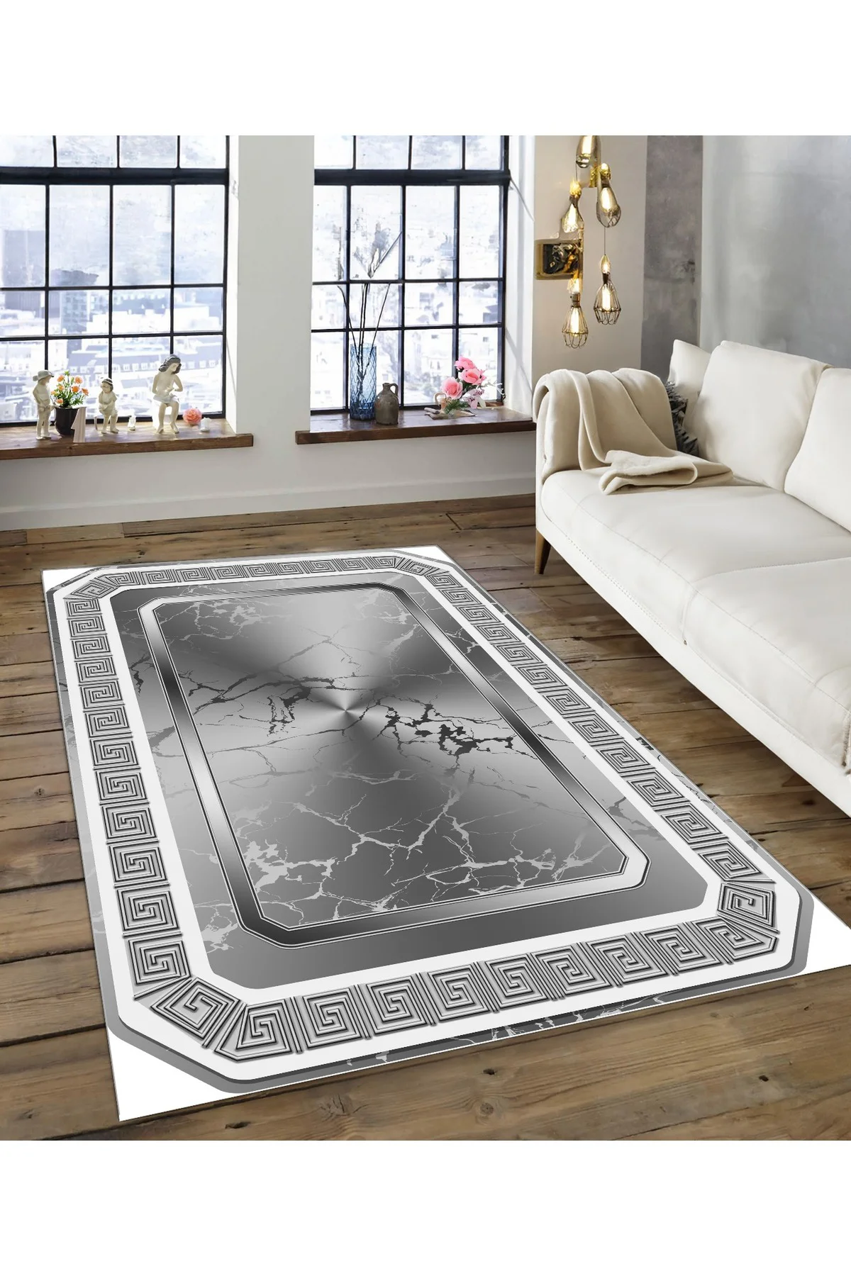 Shine M(158) Gri Saçaksız Kaymaz Tabanlı Dijital Baskılı Dekoratif Halı 120x400