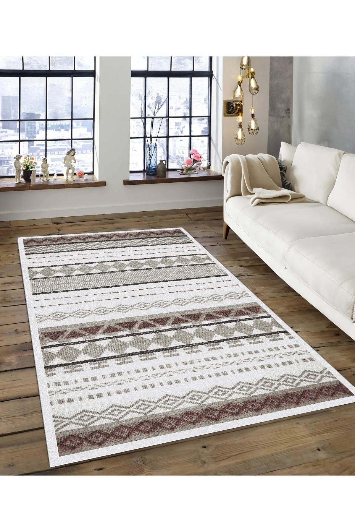 Shine M(168) Beyaz Saçaksız Kaymaz Tabanlı Dijital Baskılı Dekoratif 4 Metrekare Halı 160x230