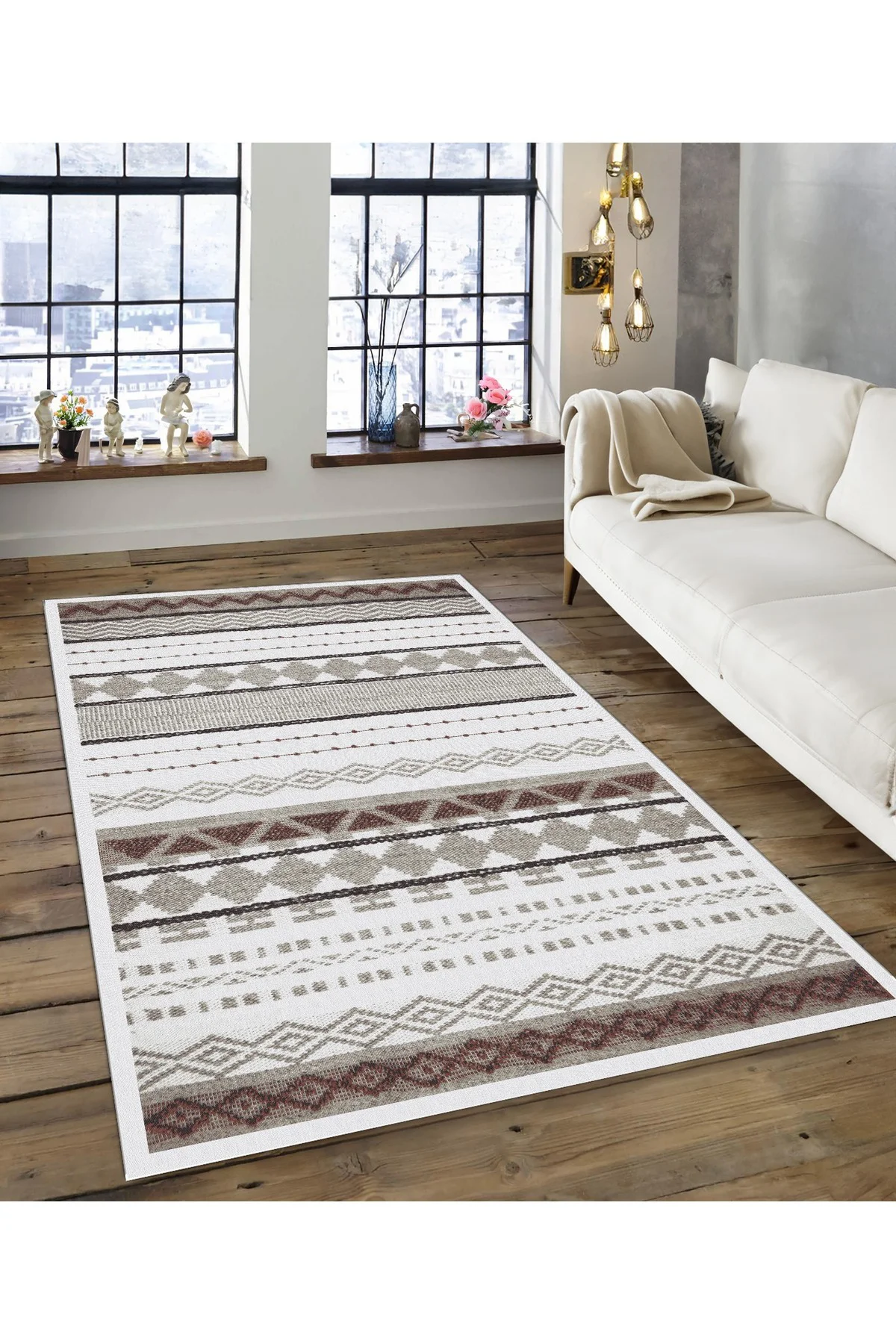 Shine M(168) Beyaz Saçaksız Kaymaz Tabanlı Dijital Baskılı Dekoratif Halı 120x200